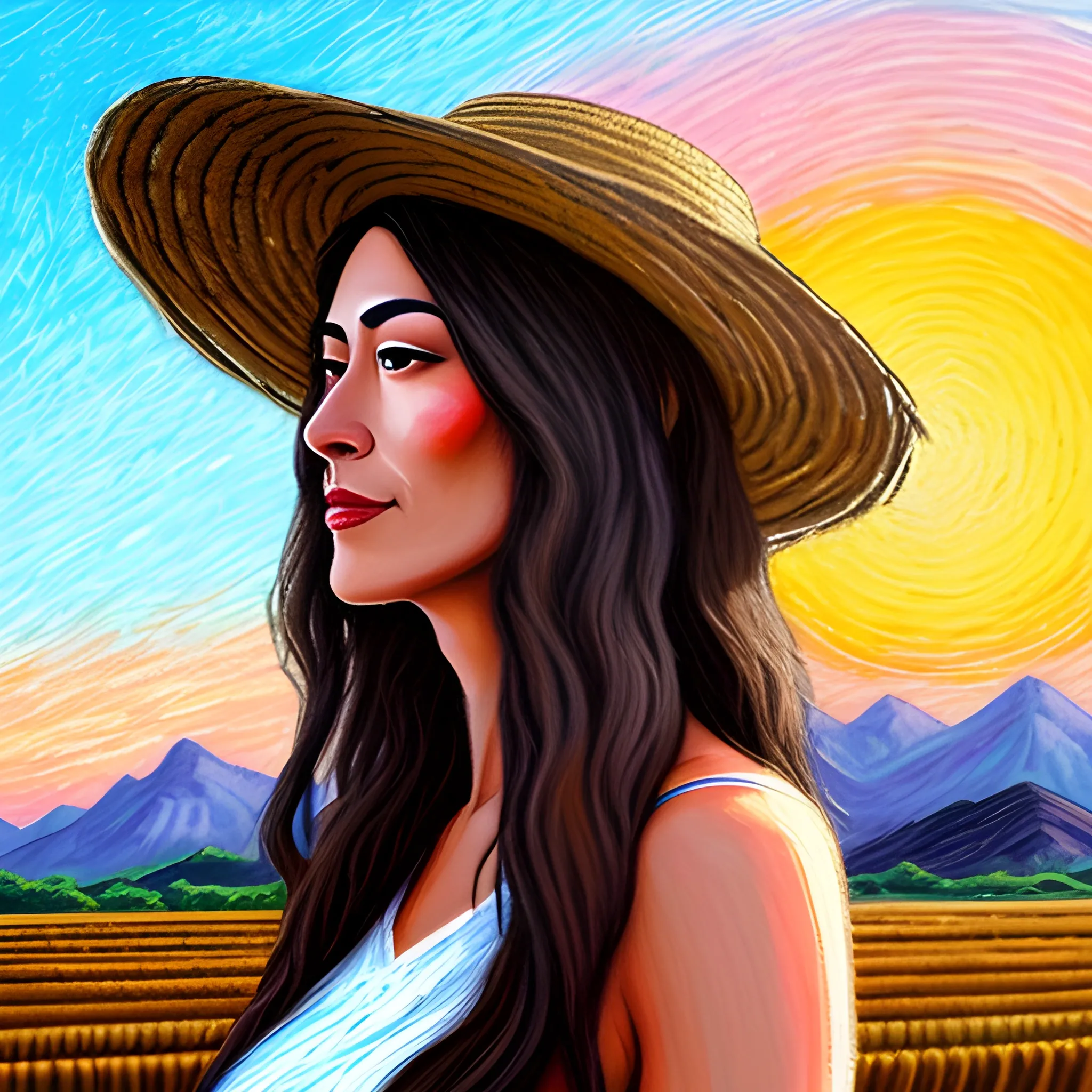 (((high detail))), best quality, 1girl,full frame, working in a rice field, straw hat,dark brown long flowing hair blowing in the wind, mountains in the far background, sunset,<lora:more_details:0.7>, Oil Paint, Pastel Art