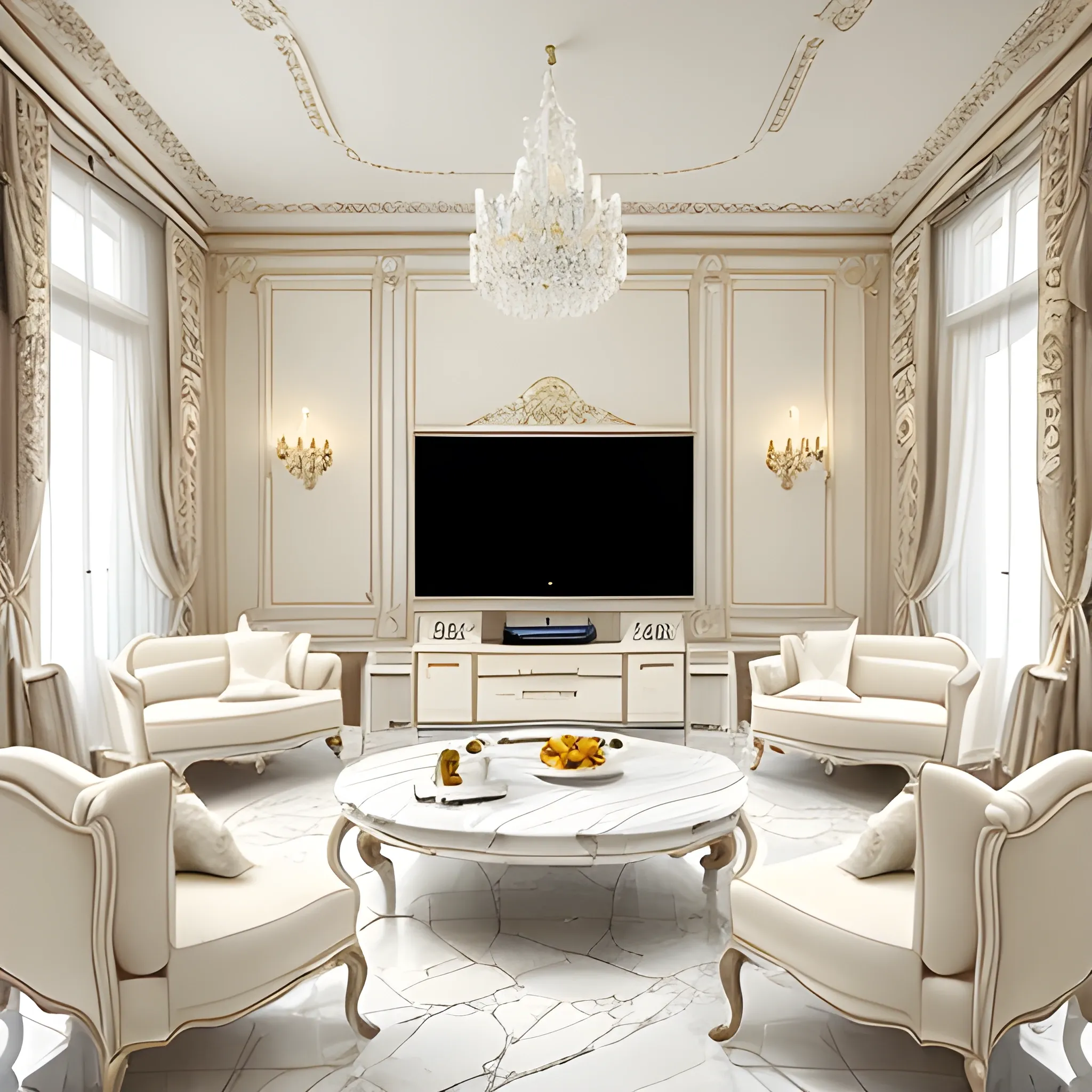 French style living room with a beautiful white marble table between two white sofas, cream floor and wall, half open curtains, 8k resolution, professional interior design photo