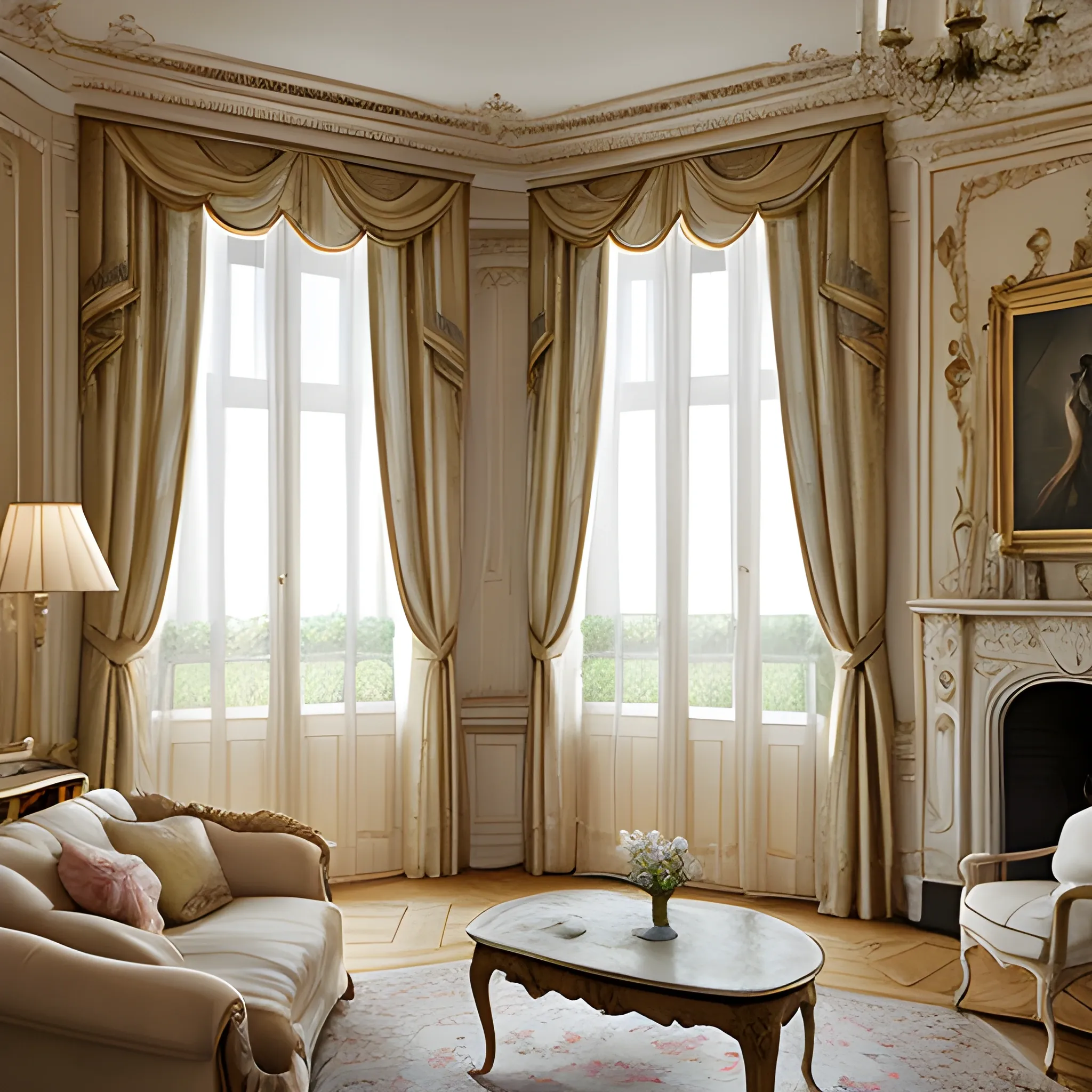 French living room with half opened curtains, 8k resolution, professional interior design photo