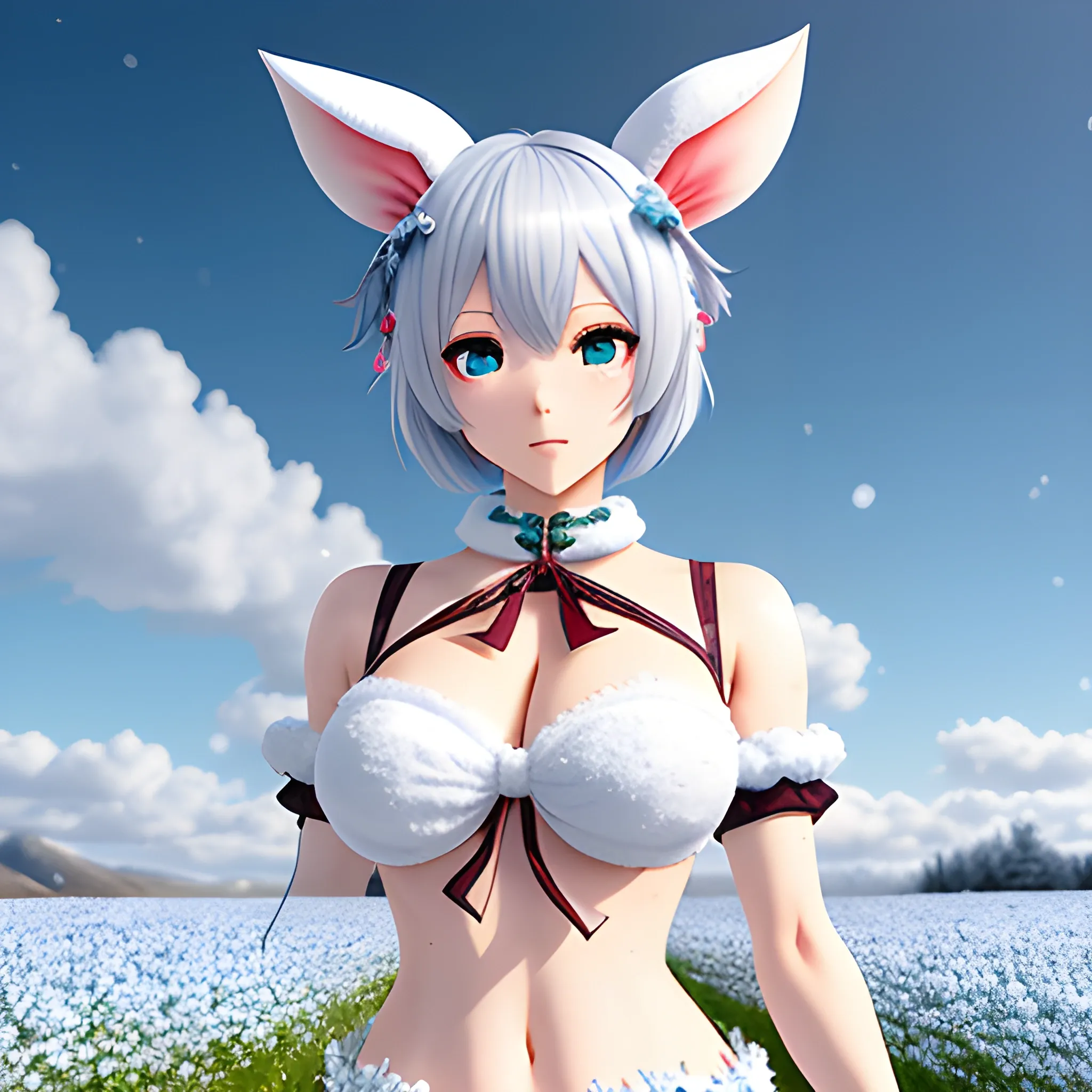 8k hdr, snow, flower field, bust, girl, bishoujo, kawaii, short hair, silver hair, twintails, blunt bangs, hair bow, bunny hair ornament, blue eyes, bunny ears, angry, hands on hips