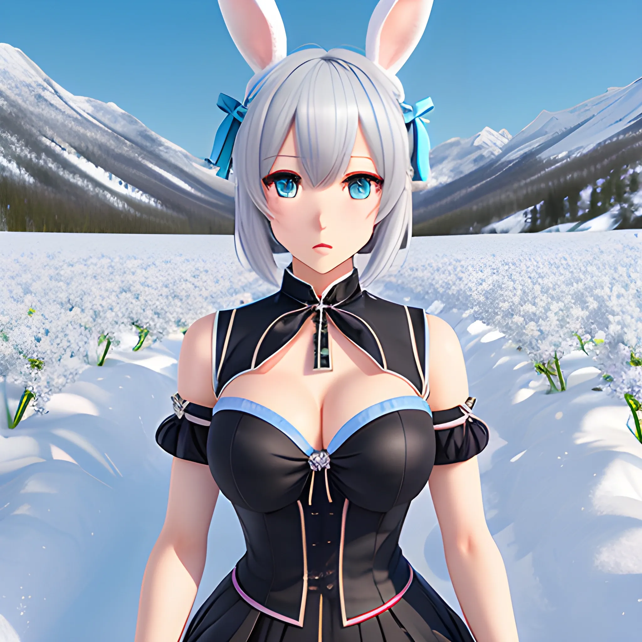 8k hdr, snow, flower field, bust, girl, bishoujo, kawaii, short hair, silver hair, twintails, blunt bangs, hair bow, bunny hair ornament, blue eyes, bunny ears, angry, hands on hips