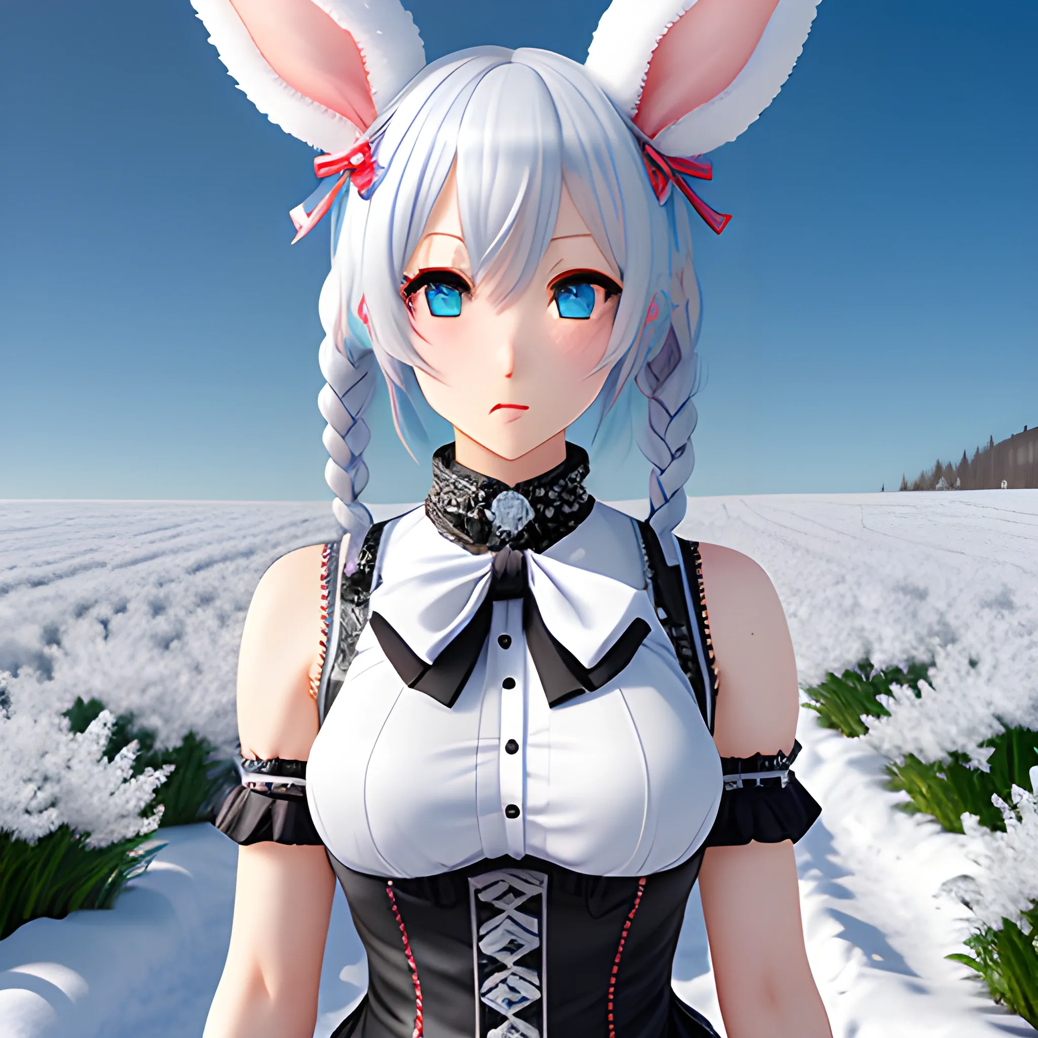 8k hdr, snow, flower field, bust, girl, bishoujo, kawaii, short hair, silver hair, twintails, blunt bangs, hair bow, bunny hair ornament, blue eyes, bunny ears, angry, hands on hips, Cartoon