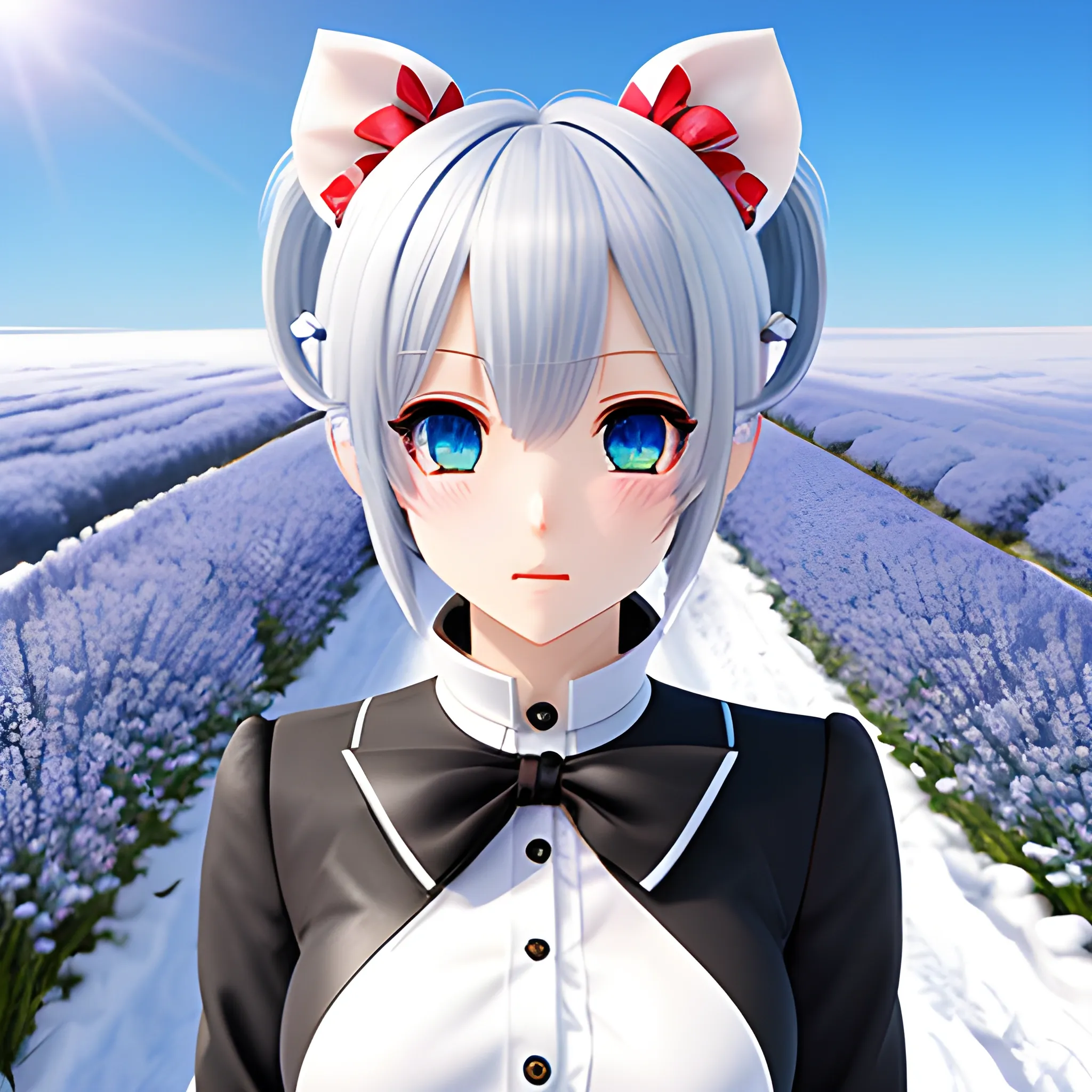 8k hdr, snow, flower field, bust, girl, bishoujo, kawaii, short hair, silver hair, twintails, blunt bangs, hair bow, bunny hair ornament, blue eyes, bunny ears, angry, hands on hips, Cartoon