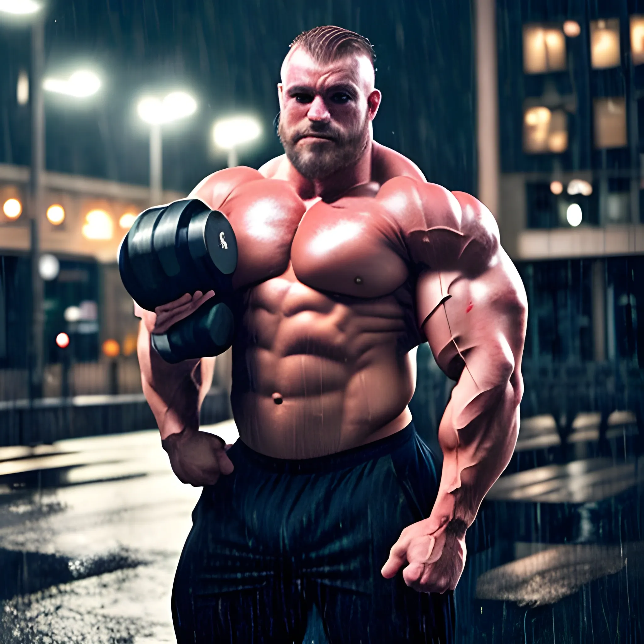 a bodybuilder holds  1000 kg dumble in his one hand with his viens pumped in dark night in rain
