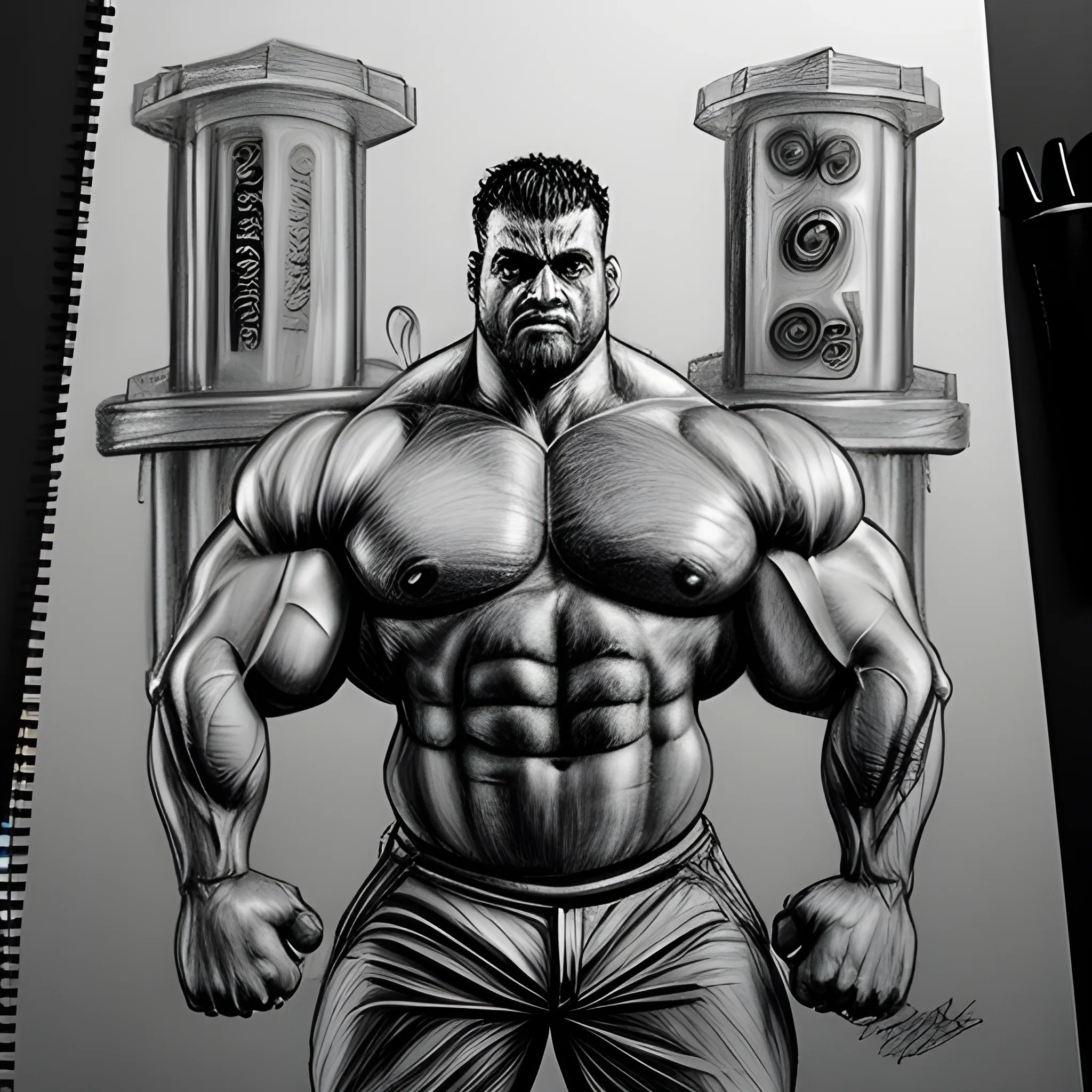 a bodybuilder holds  1000 kg dumble in his one hand with his viens pumped in dark night in rain and his hand is fully blooded
, Pencil Sketch, Trippy, Cartoon, 3D