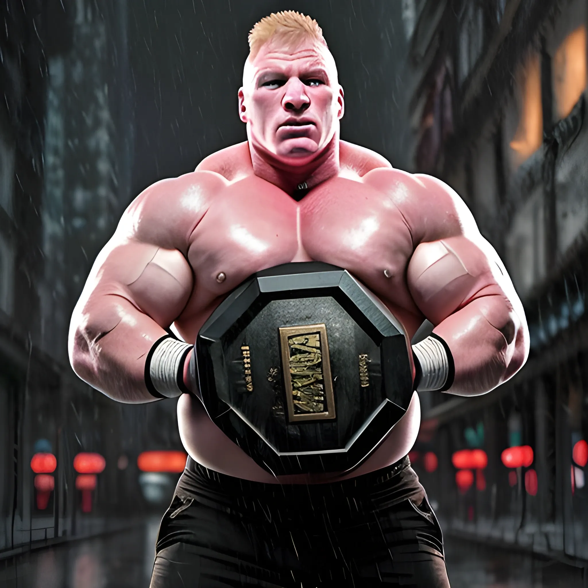 brock lesnar holds 1000 kg dumble in his one hand with his viens pumped in dark night in rain in city and his hand is fully blooded 
3D
