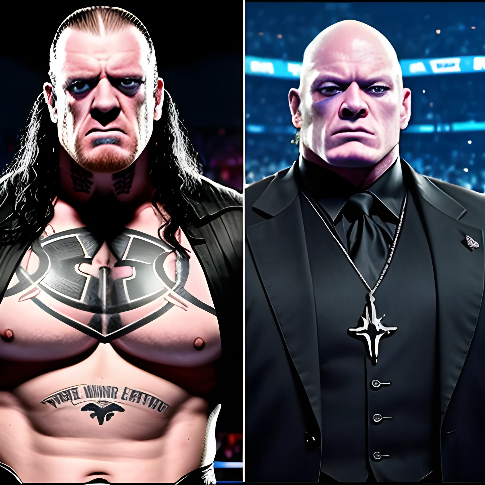 undertaker stands one side and brock lesnar with 21 wwe champions stands another side and the number like 21-0 shows on screen that shows the power of the undertaker