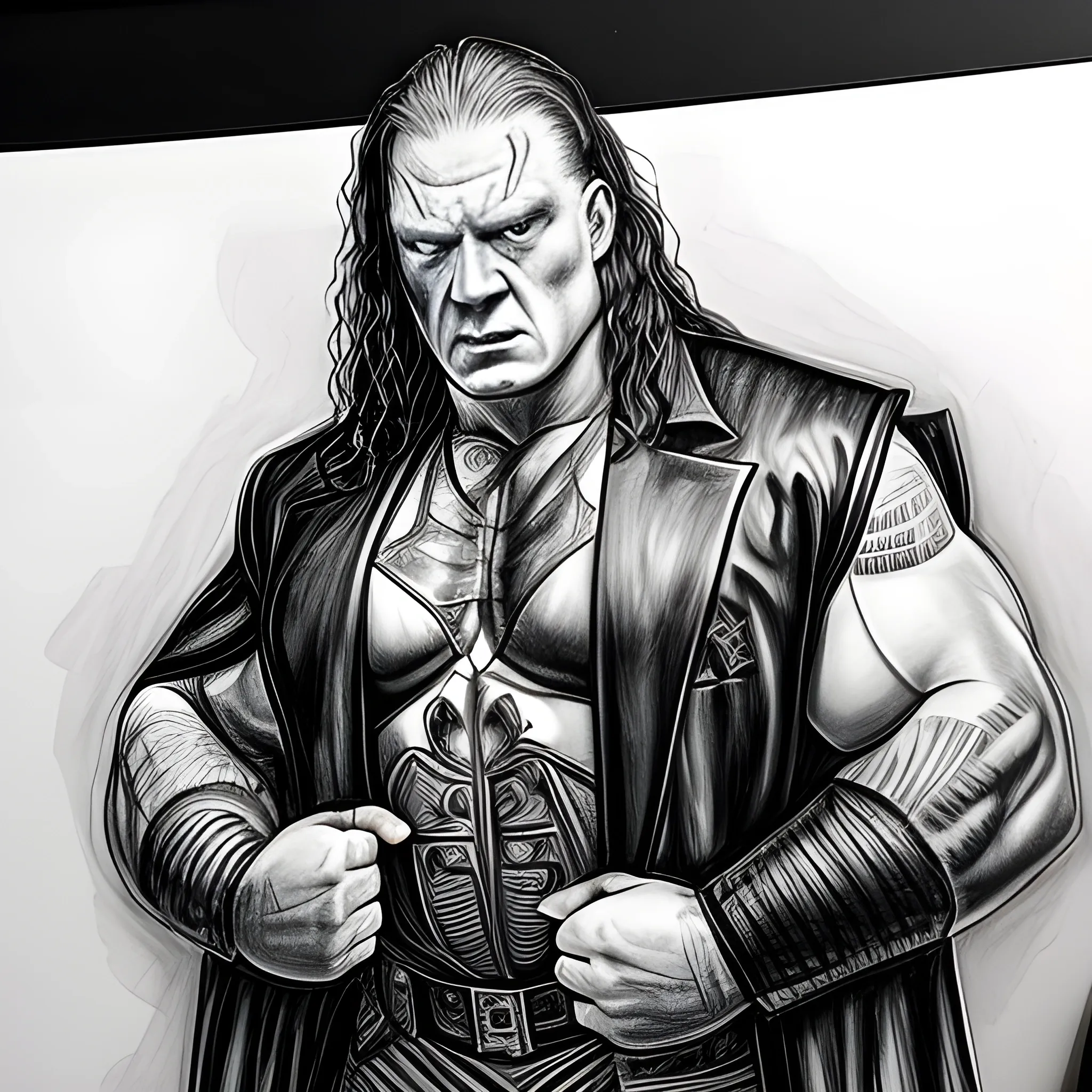 undertaker stands one side and brock lesnar with 21 wwe champions stands another side and the number like 21-0 shows on screen that shows the power of the undertaker, Pencil Sketch