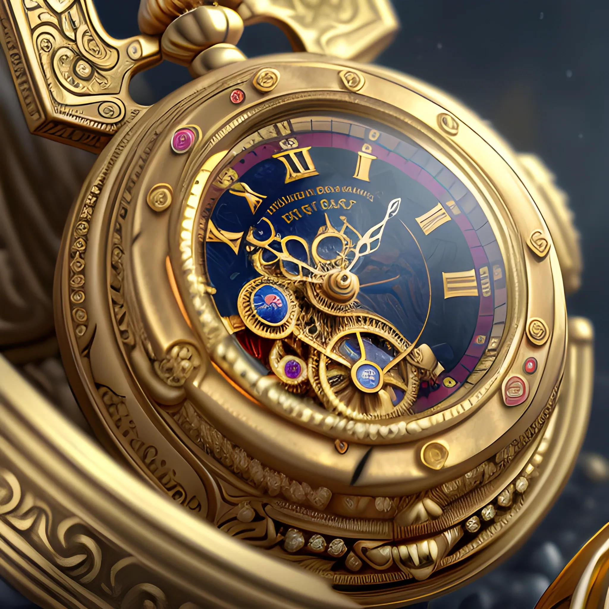 golden watch with a lot o jewel, pocket watch, 8k, high resolution, high quality, photorealistic, hyperealistic, detailed, detailed matte painting, deep color, fantastical, intricate detail, splash screen, complementary colors, fantasy concept art, 8k resolution trending on Artstation Unreal Engine 5