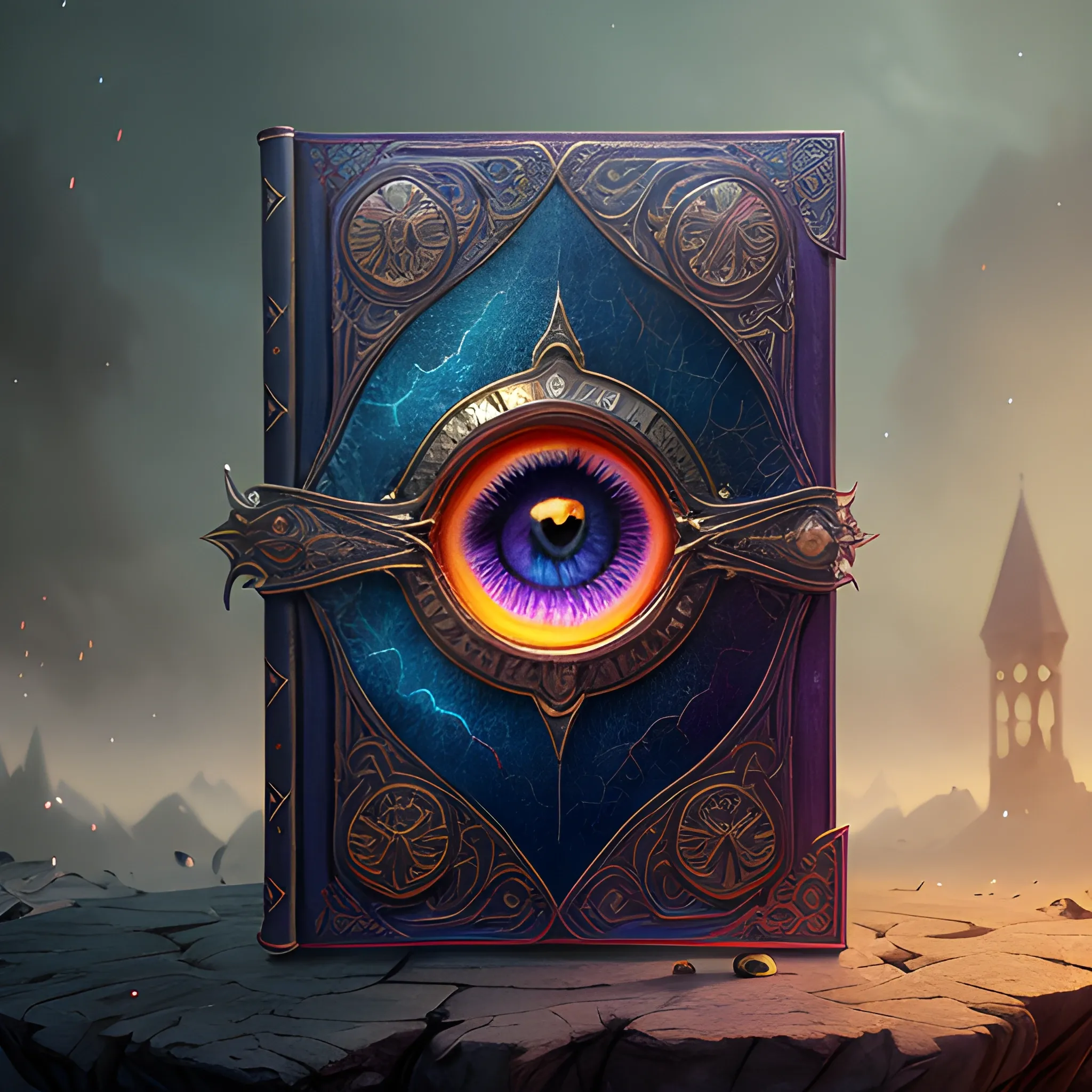 book with eye on the cover, magic book, spell book, 8k, high resolution, high quality, photorealistic, hyperealistic, detailed, detailed matte painting, deep color, fantastical, intricate detail, splash screen, complementary colors, fantasy concept art, 8k resolution trending on Artstation Unreal Engine 5