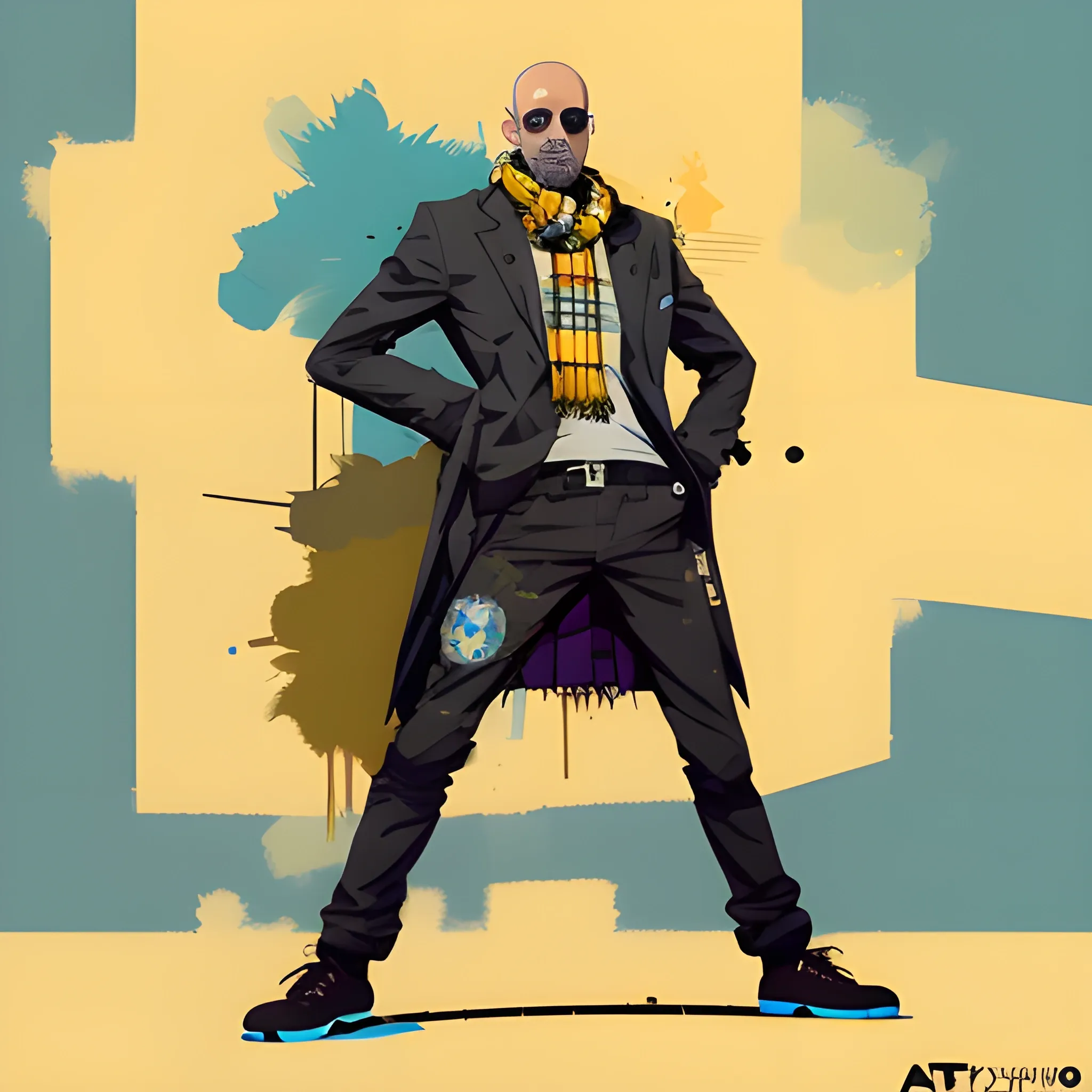 Full body highly detailed portrait pep guardiola, coach, sunglasses, blue eyes, tartan scarf, bald by atey ghailan, by greg rutkowski, by greg tocchini, by james gilleard, by joe fenton, by kaethe butcher, gradient yellow, black, brown and magenta color scheme, grunge aesthetic!!! soccer graffiti tag wall background