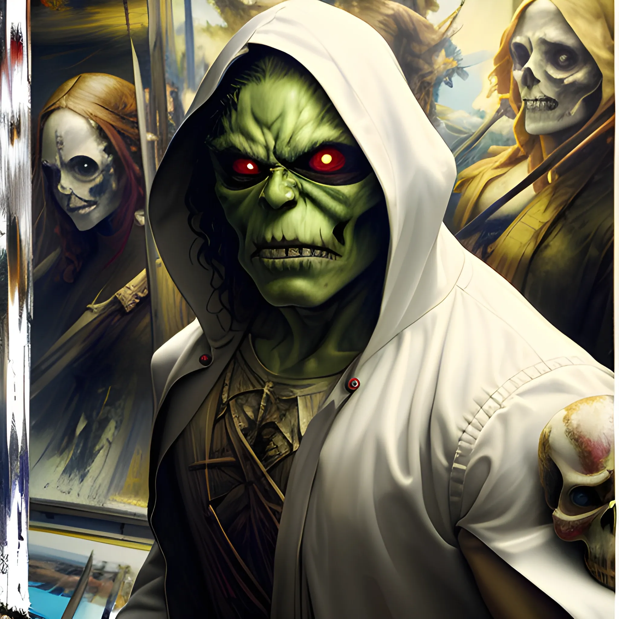 (masterpiece, award winning illustration:1.2), Splash art of the Incredible Hulk, glowing red eyes, wearing (white skull mask:1.2), black cloak, hooded, at night, Rain, extremely detailed, trending on ArtStation, back lighting, Glow effects, style of Donato Giancola, <lora:add_detail:1>, UHD, HDR, 8K, (Masterpiece:1.5), (best quality:1.5), Oil Painting