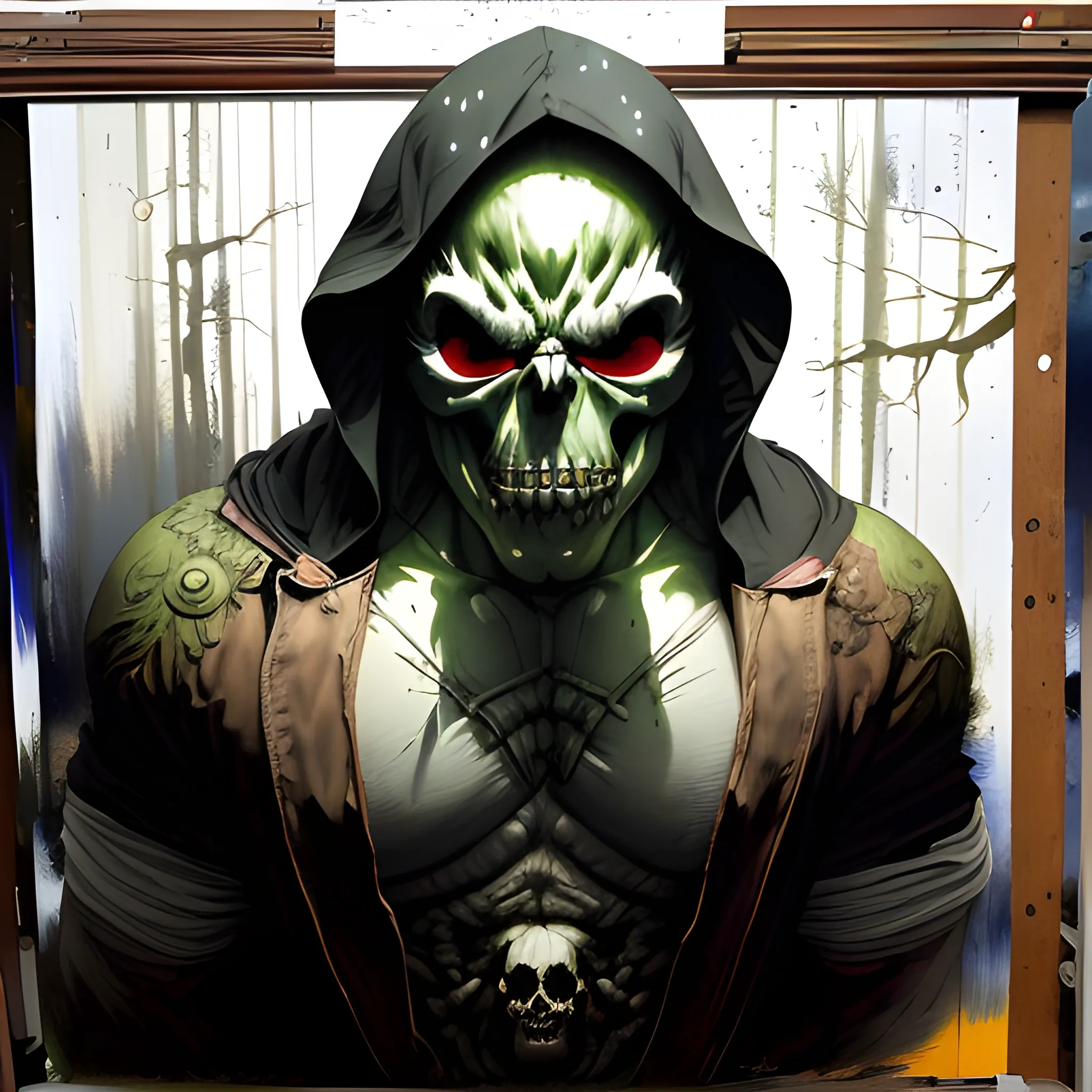 (masterpiece, award winning illustration:1.2), Splash art of the Incredible Hulk, glowing red eyes, wearing (white skull mask:1.2), black cloak, hooded, at night, Rain, extremely detailed, trending on ArtStation, back lighting, Glow effects, style of Donato Giancola, <lora:add_detail:1>, UHD, HDR, 8K, (Masterpiece:1.5), (best quality:1.5), Cartoon