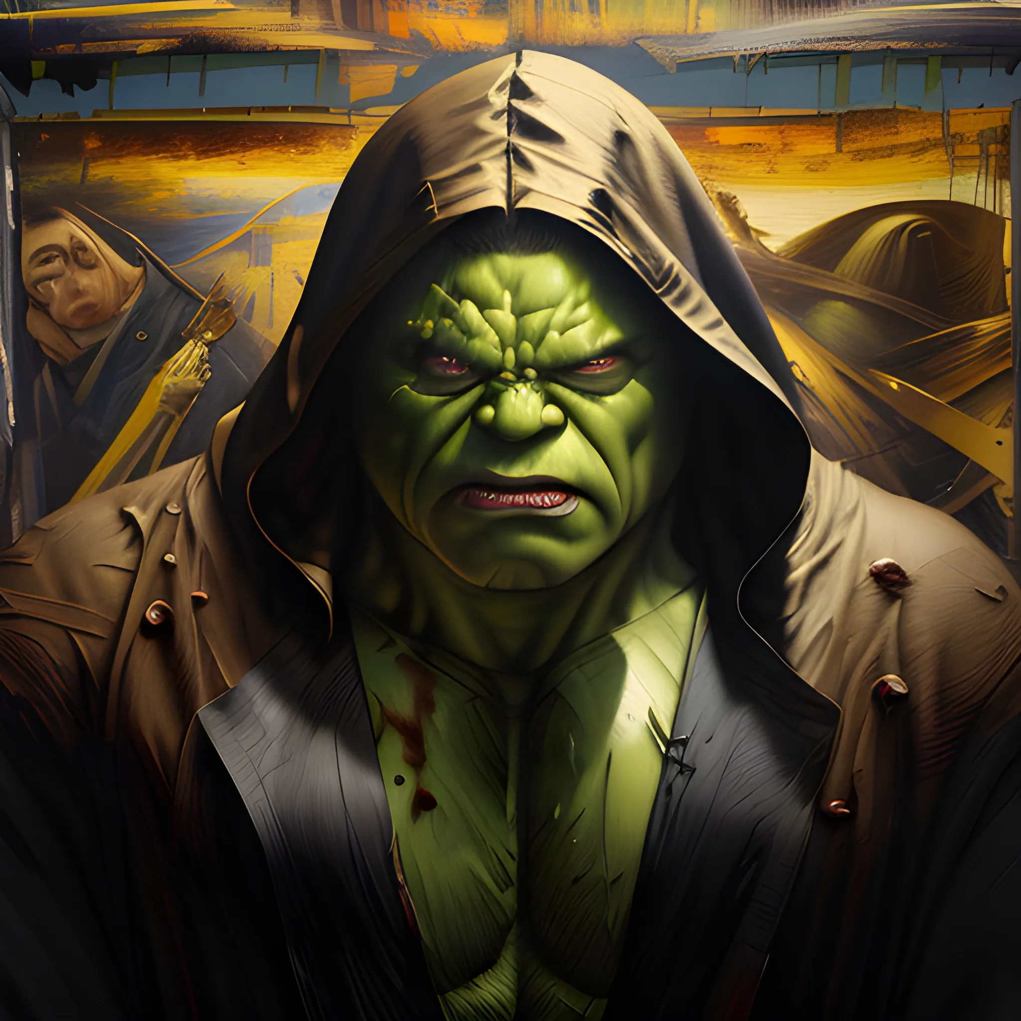 (masterpiece, award winning illustration:1.2), Splash art of Marvel’s Hulk, glowing red eyes, black cloak, hooded, at night, Rain, extremely detailed, trending on ArtStation, back lighting, Glow effects, style of Donato Giancola, <lora:add_detail:1>, UHD, HDR, 8K, (Masterpiece:1.5), (best quality:1.5), Water Color