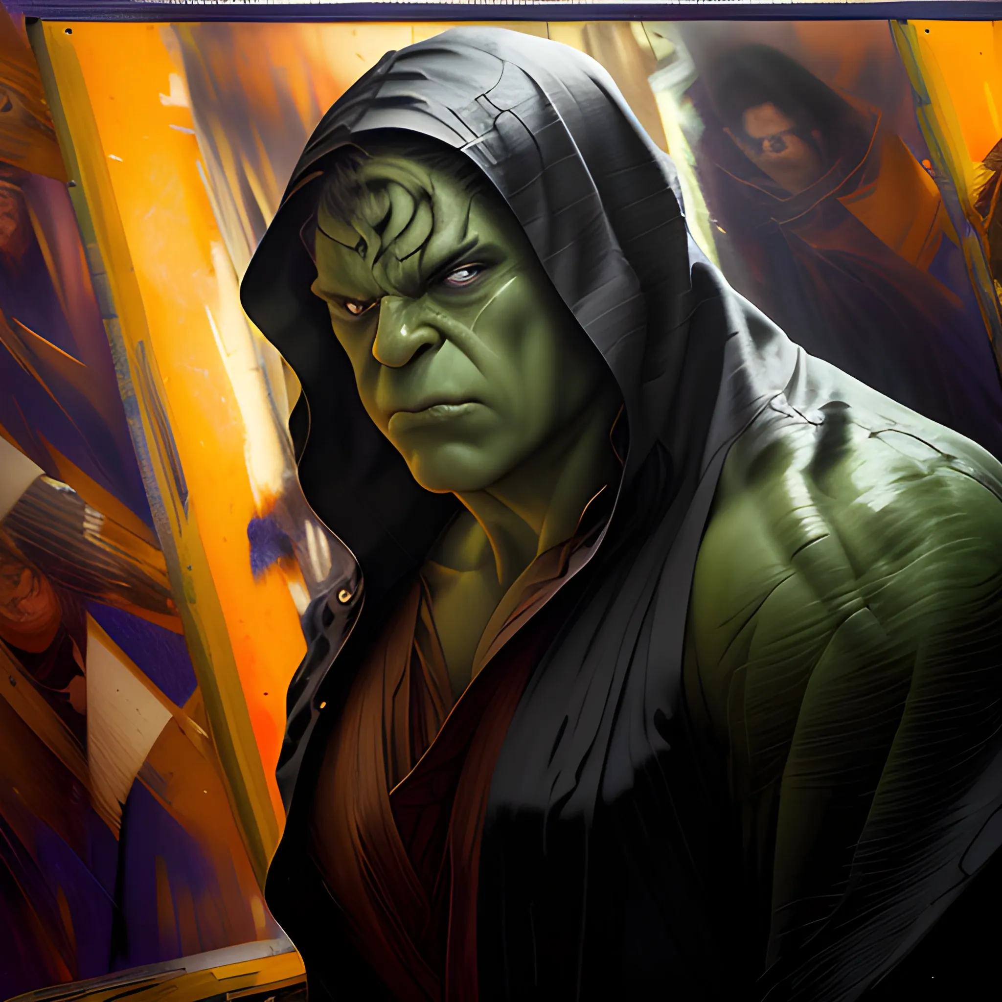 (masterpiece, award winning illustration:1.2), Splash art of Marvel’s Hulk, glowing red eyes, black cloak, hooded, at night, Rain, extremely detailed, trending on ArtStation, back lighting, Glow effects, style of Donato Giancola, <lora:add_detail:1>, UHD, HDR, 8K, (Masterpiece:1.5), (best quality:1.5)