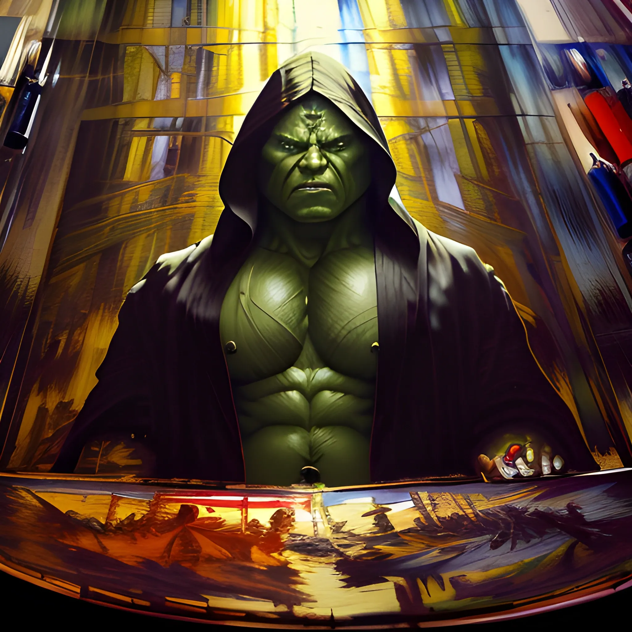 (masterpiece, award winning illustration:1.2), Splash art of Marvel’s Hulk, glowing red eyes, black cloak, hooded, at night, Rain, extremely detailed, trending on ArtStation, back lighting, Glow effects, style of Donato Giancola, <lora:add_detail:1>, UHD, HDR, 8K, (Masterpiece:1.5), (best quality:1.5), Trippy