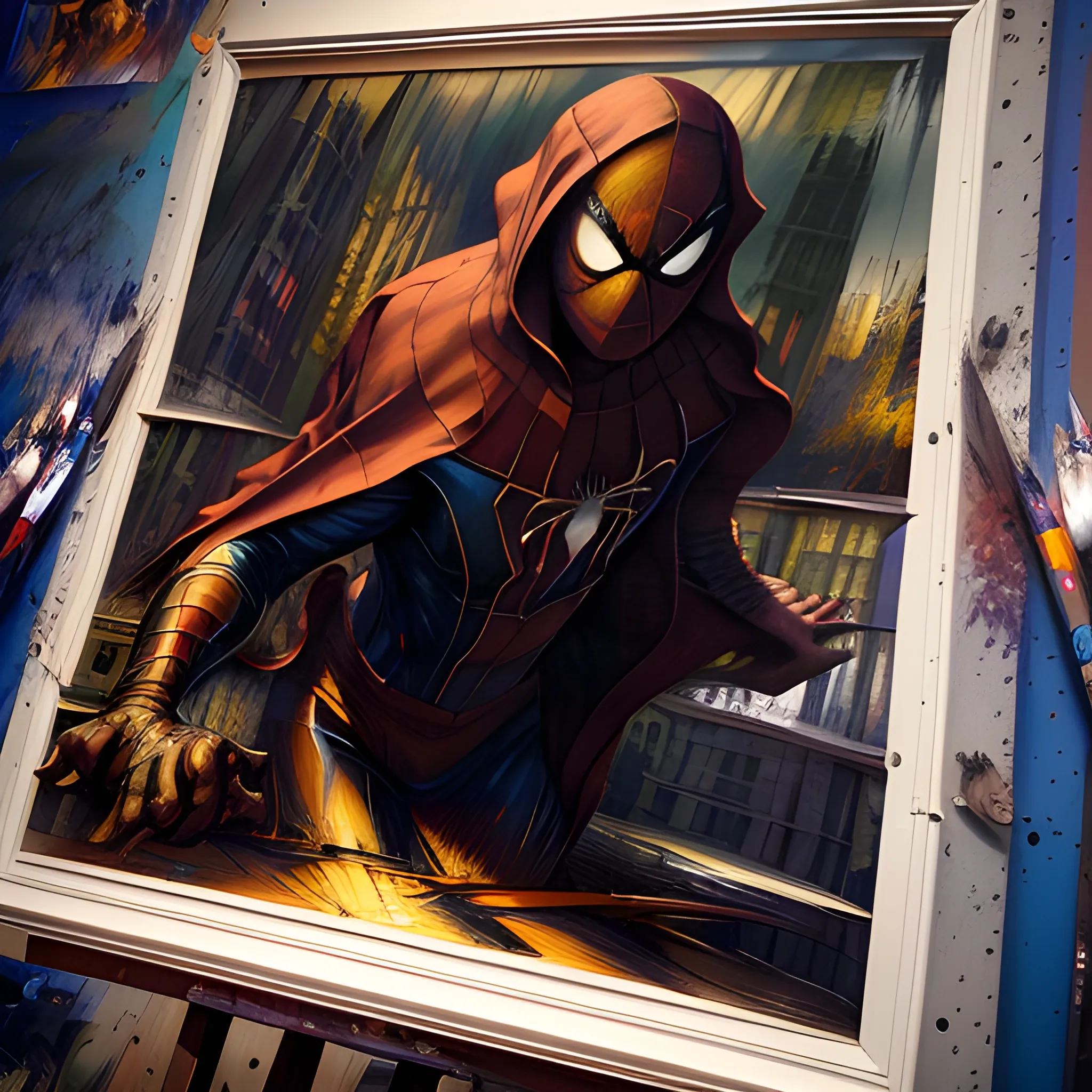 (masterpiece, award winning illustration:1.2), Splash art of Marvel’s Spider-Man, glowing red eyes, black cloak, hooded, at night, Rain, extremely detailed, trending on ArtStation, back lighting, Glow effects, style of Donato Giancola, <lora:add_detail:1>, UHD, HDR, 8K, (Masterpiece:1.5), (best quality:1.5), 3D