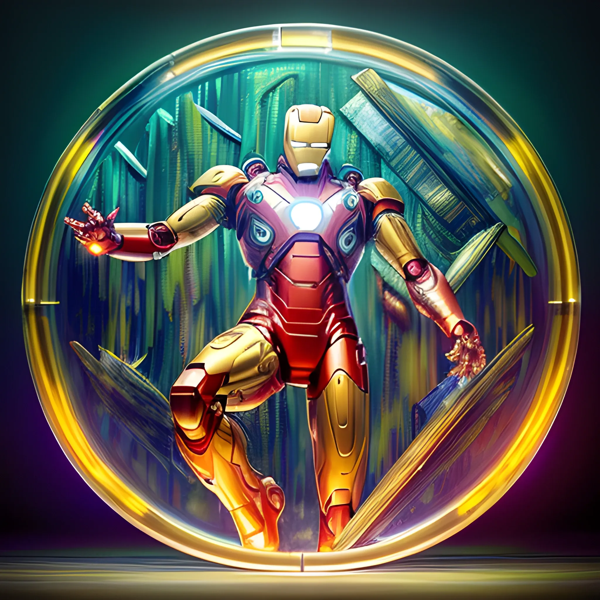 (Award Winning Image, Masterpiece:1.2) iron man, ornately crystallized space-time, crystallization , ghost in the shell, futuristic technology, exotic design, scientific image, cyberpunk inspired, separated space, Sci-Fi , Glow effect, Bioluminescent Illumination, rim lit, octane render, intricate details , highly detailed , <lora:add_detail:1.1>, 16k, UHD, HDR,(Masterpiece:1.5),(best quality:1.5)