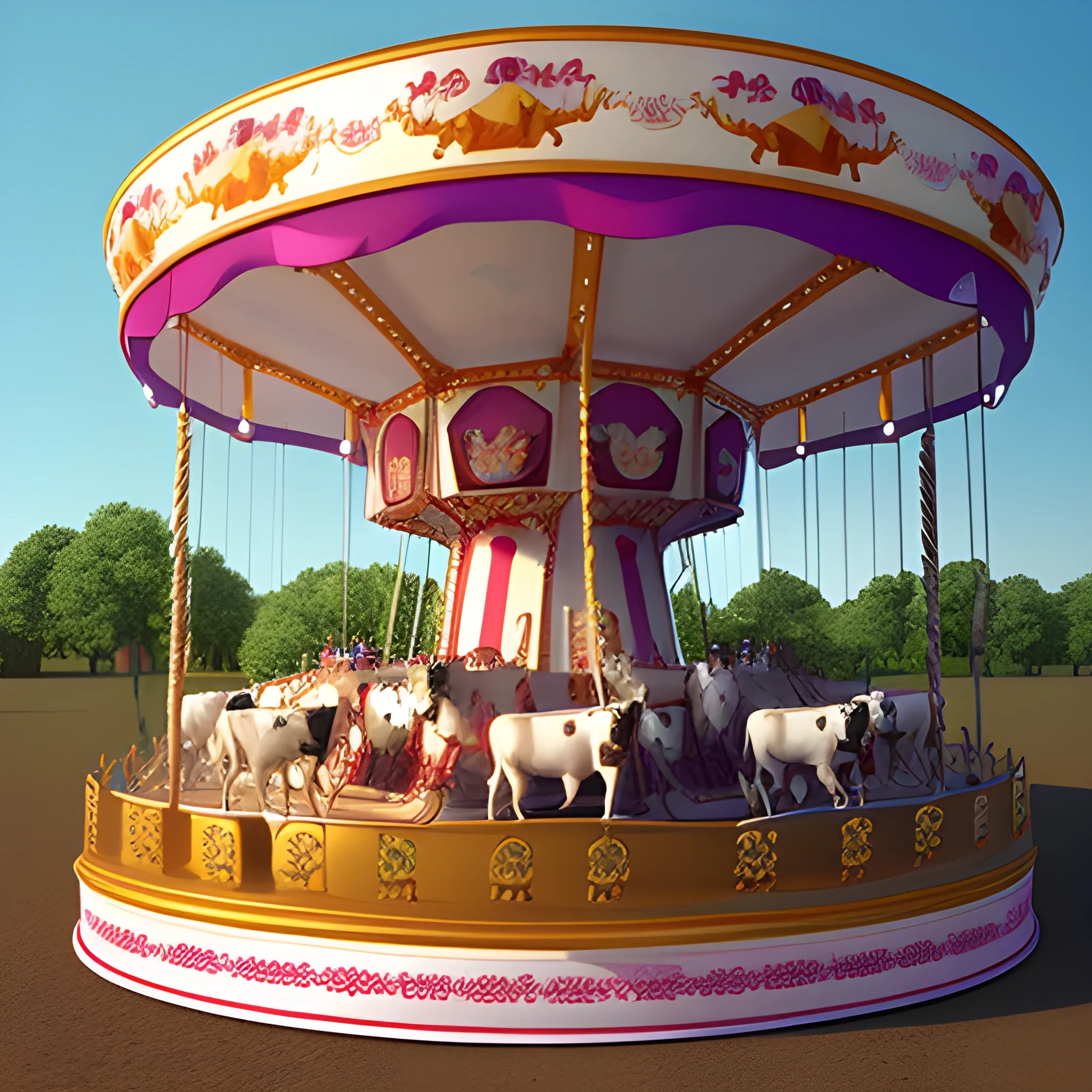 Cows riding a big carousel , 3D