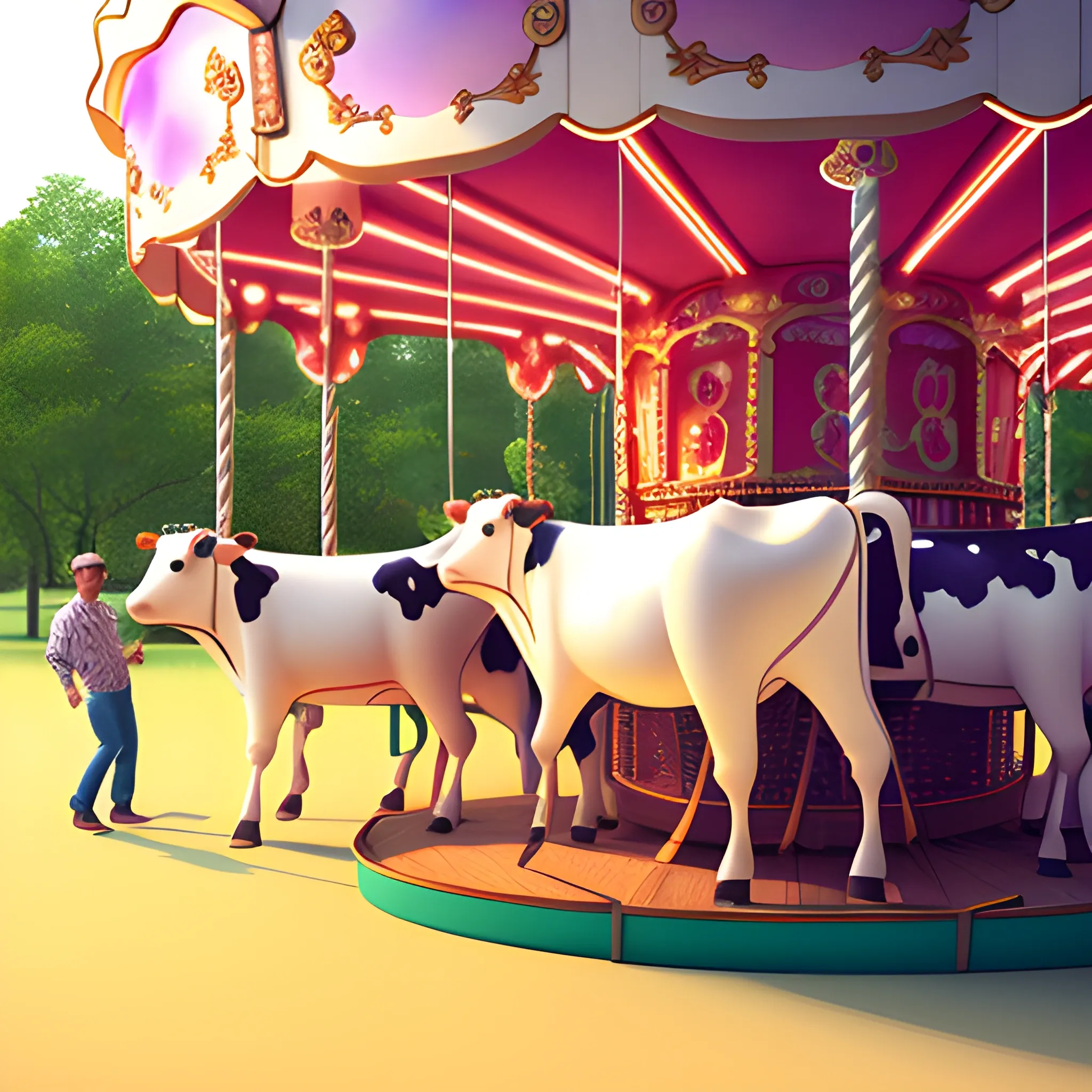 Cows riding a big carousel , 3D