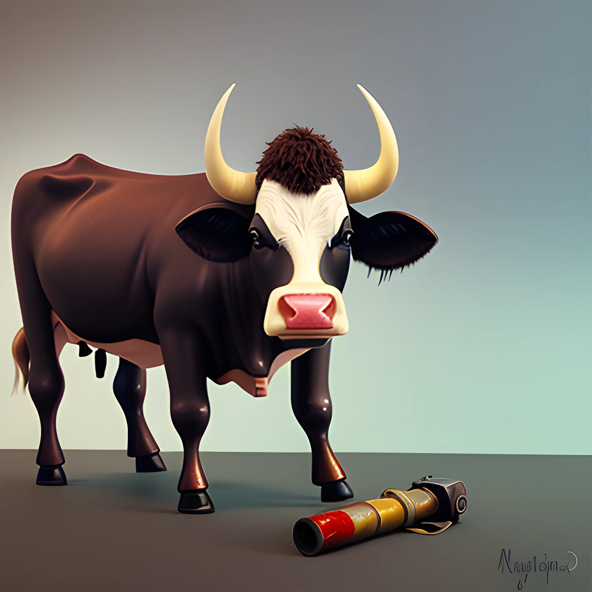 Cow with a minigun, 3D, Oil Painting