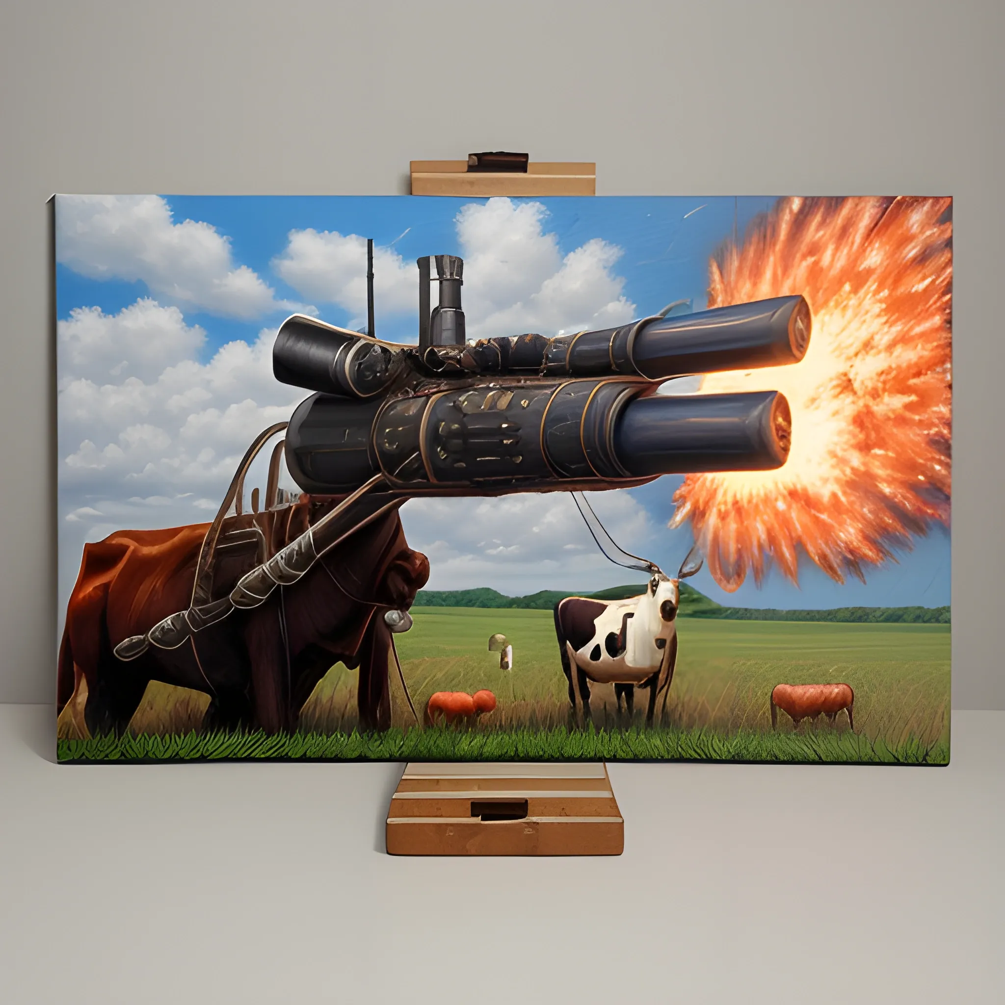 Cow Holding band shooting a minigun, 3D, Oil Painting