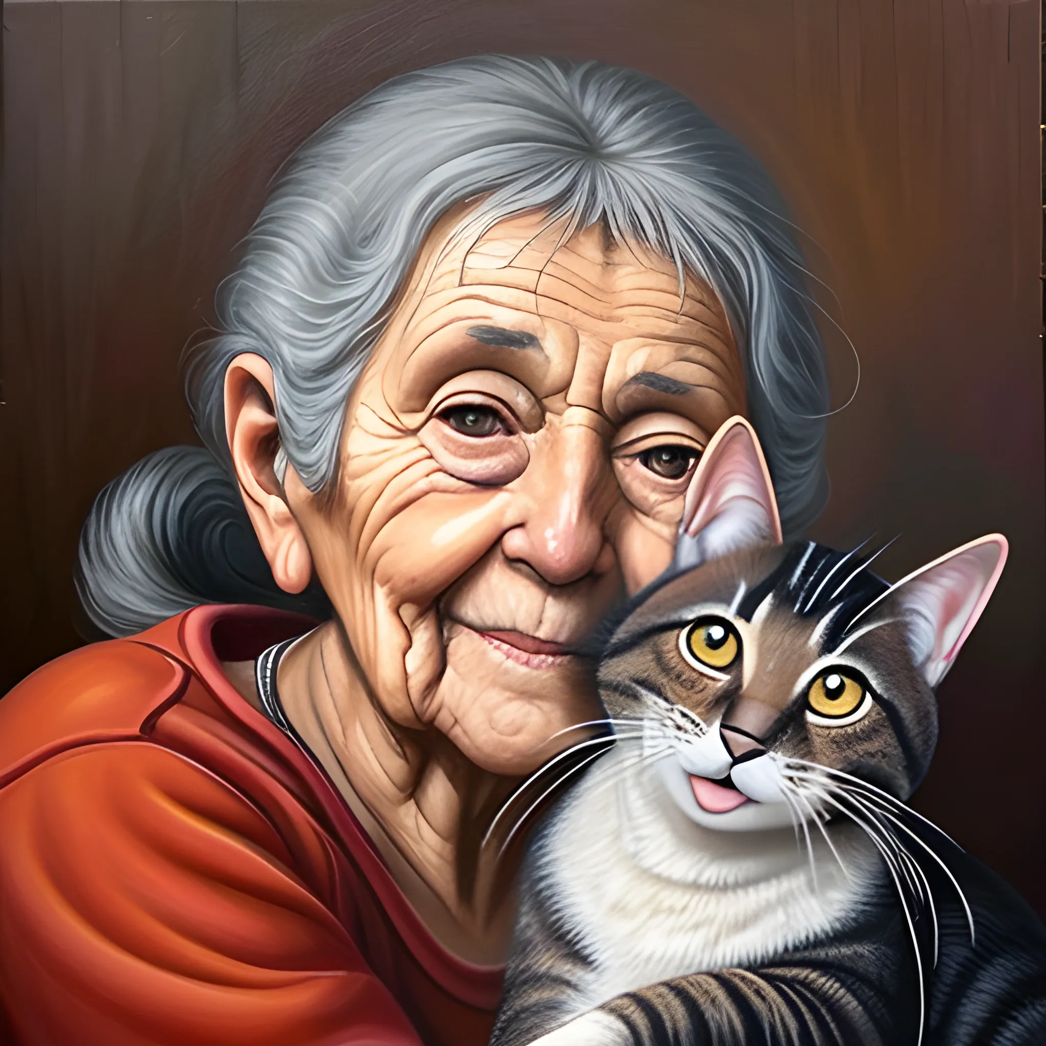 Una anciana encuentra compañía y alegría en su gato rescatado. Ambos se convierten en inseparables., Oil Painting