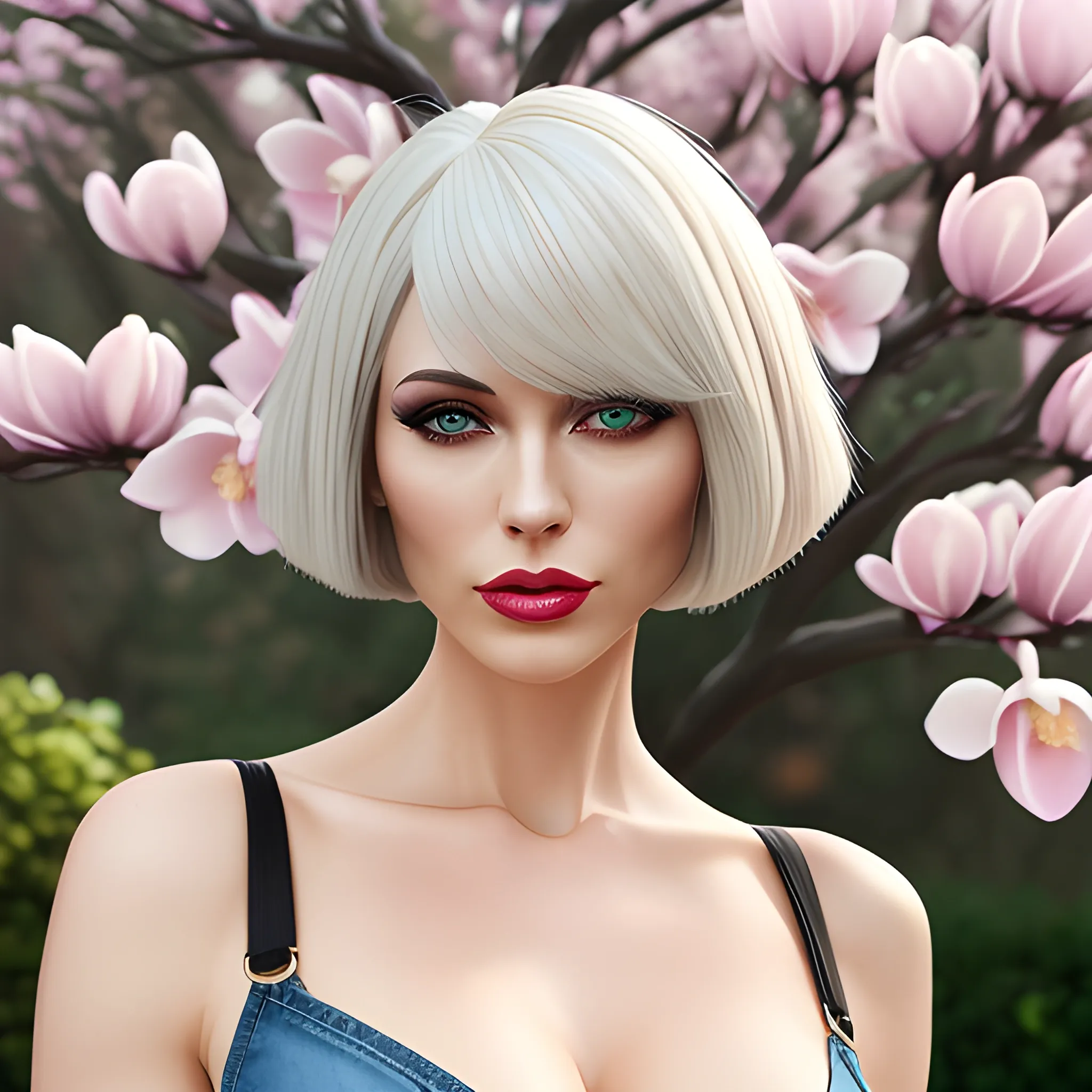 pretty 1girl, absurdres, 8k uhd, platinum blonde hair, bob cut, medium breasts, black tshirt, denim shorts, garden background, flowers, magnolias, apple tree, close up portrait