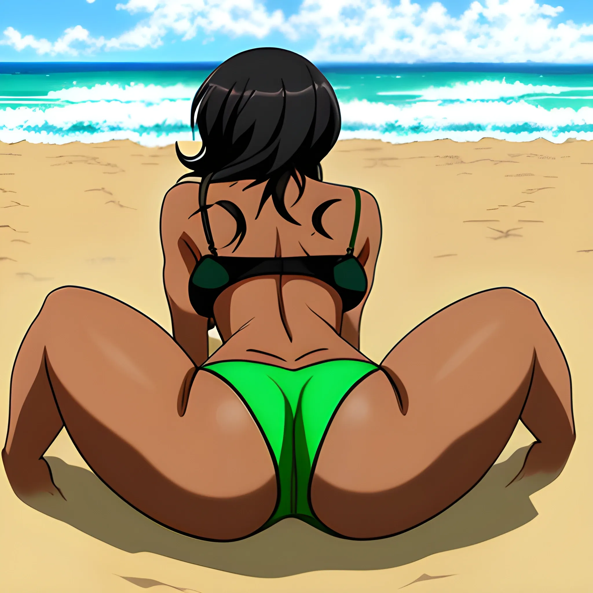 Anime,beach,rear view,brownskin,cute girl,Black hair,green bra,green panties, Cartoon,hand under butt