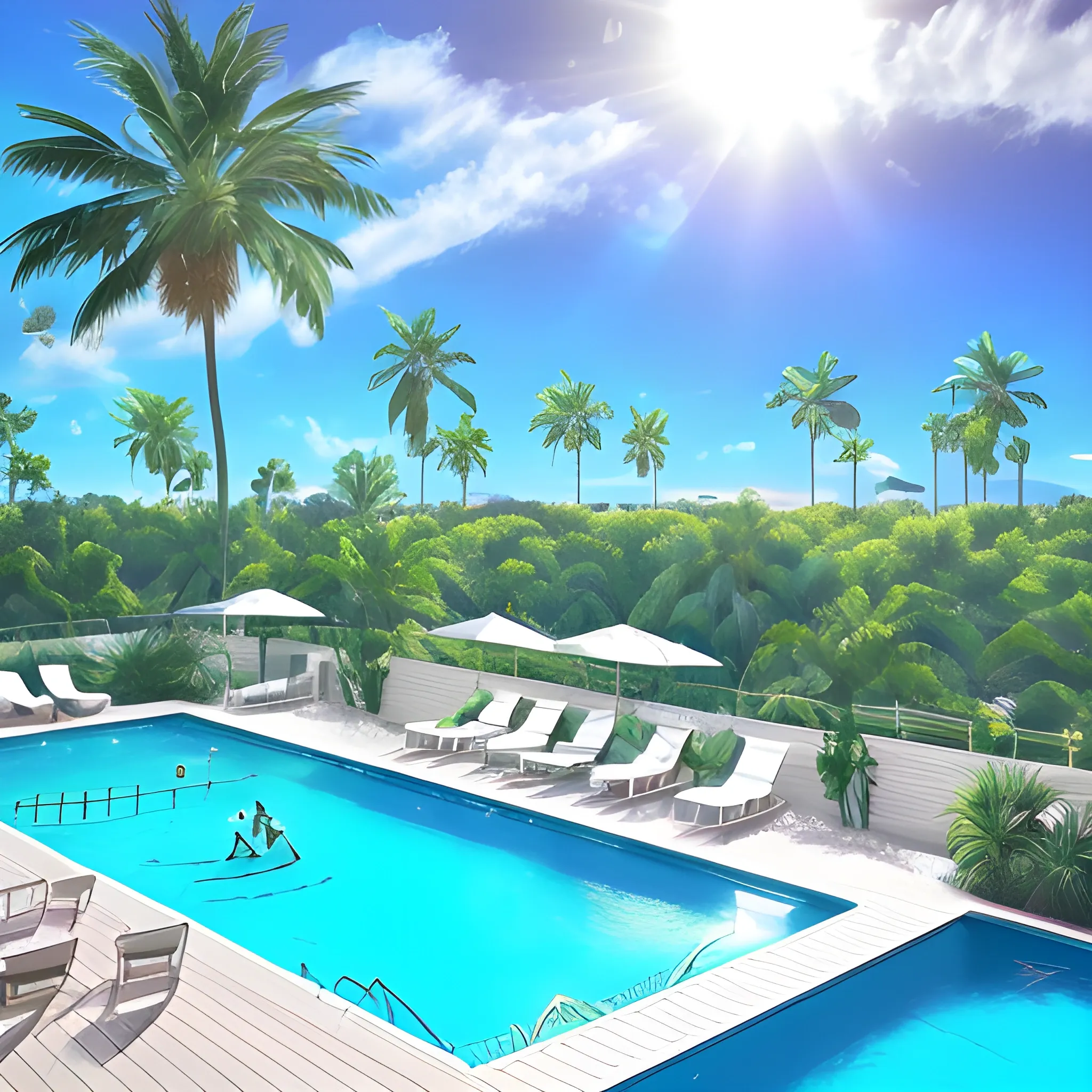 Summer getaway vibes + Aerial view of a glimmering swimming pool under the strong sunlight, with floating tubes and fronds of palm trees visible near the pool, the flickering water of the blue pool. Beautiful Instagram photography by influencer. Soft colors. High resolution, detailed, uhd, 16k --no text --no font, <lora:XieS:1>, 3D