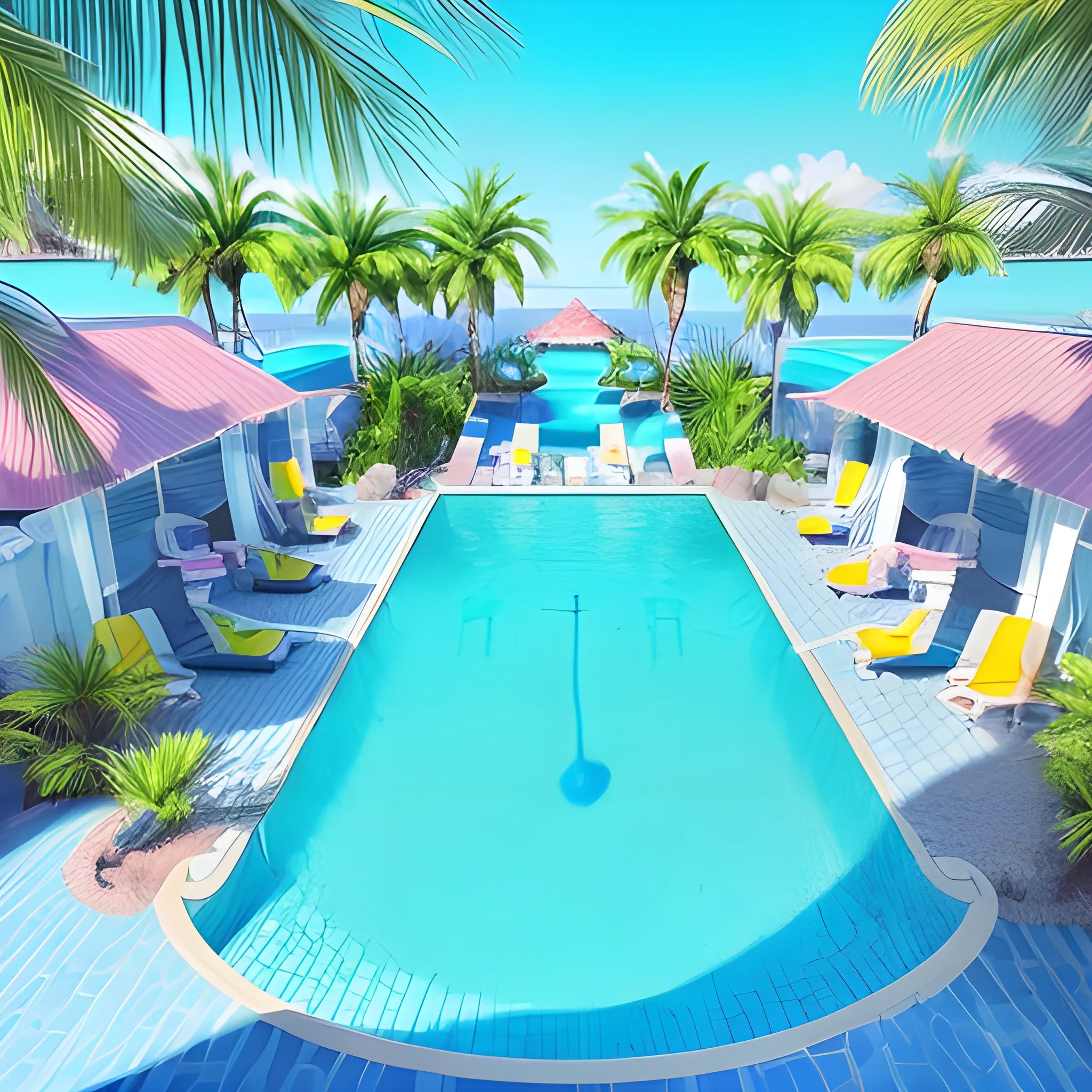Summer getaway vibes + Aerial view of a glimmering swimming pool under the strong sunlight, with floating tubes and fronds of palm trees visible near the pool, the flickering water of the blue pool. Beautiful Instagram photography by influencer. Soft colors. High resolution, detailed, uhd, 16k --no text --no font, <lora:XieS:1>, 3D, Trippy