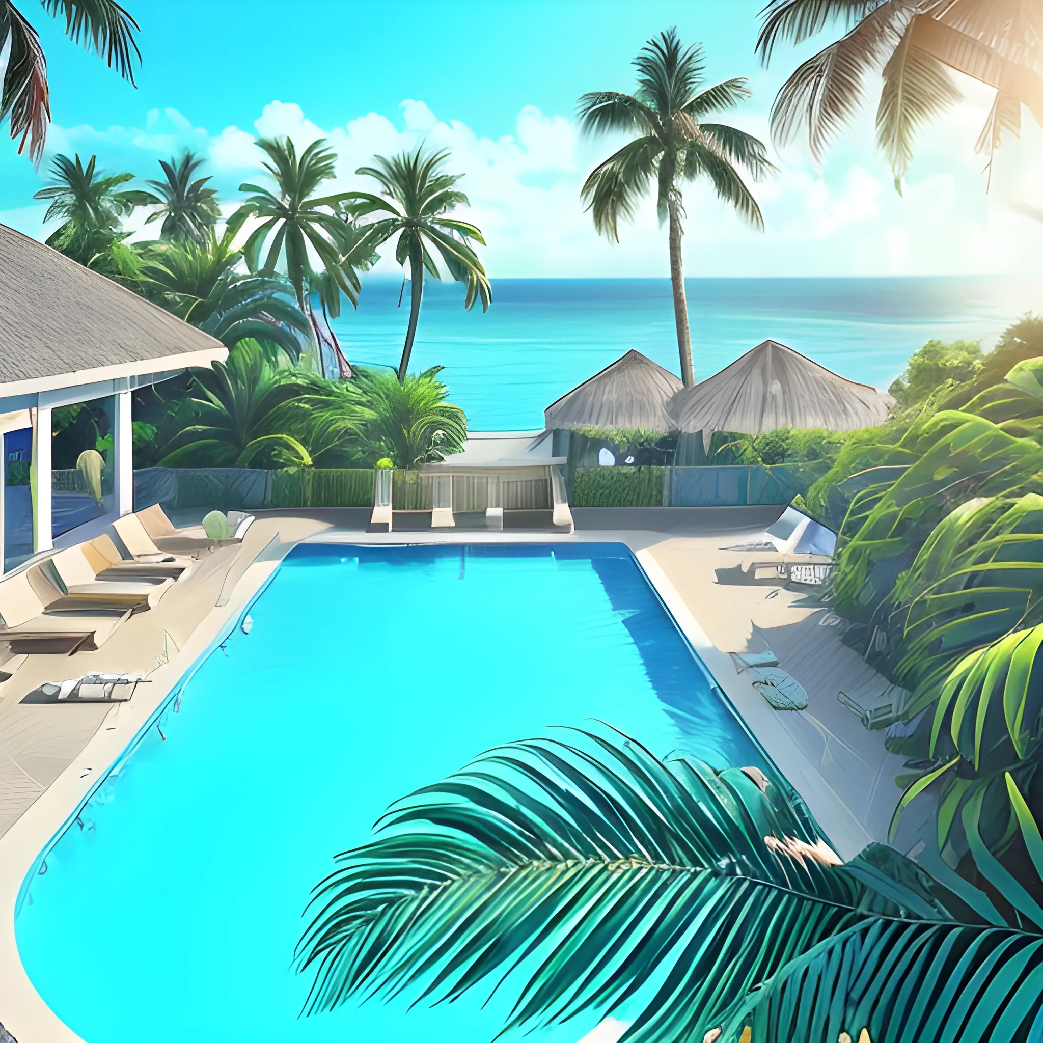 Summer getaway vibes + Aerial view of a glimmering swimming pool under the strong sunlight, with floating tubes and fronds of palm trees visible near the pool, the flickering water of the blue pool. Beautiful Instagram photography by influencer. Soft colors. High resolution, detailed, uhd, 16k --no text --no font, <lora:XieS:1>, Trippy