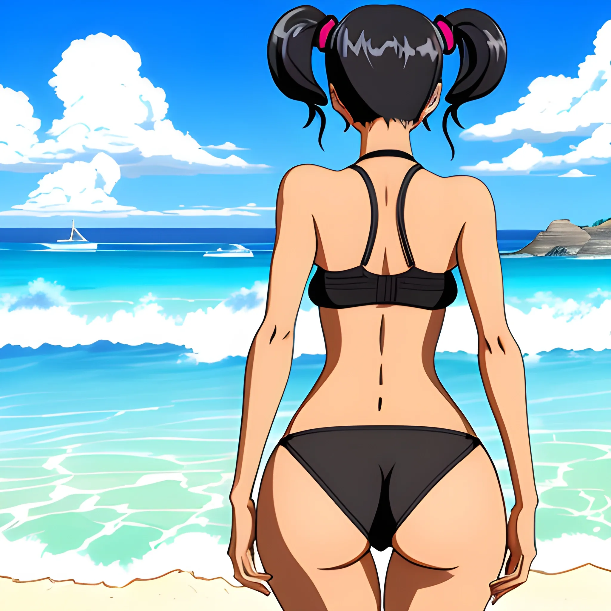 Anime,beach,rear view, brownskin, cute girl,black pig tails,blue 