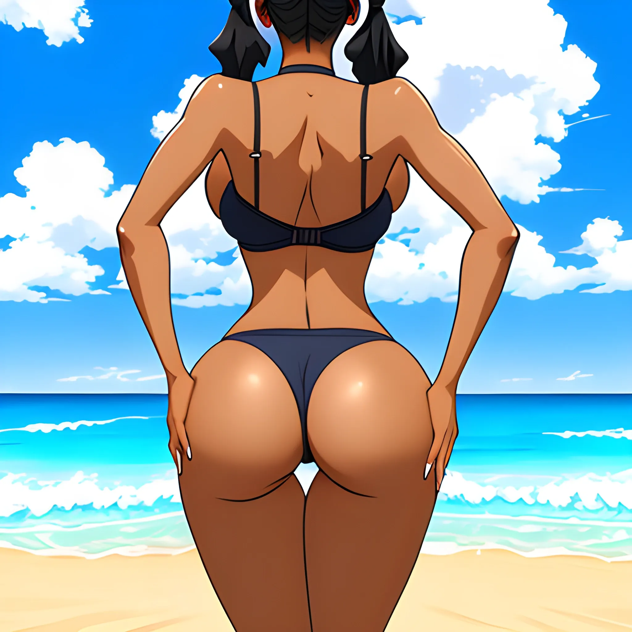 Anime,beach,rear view, brownskin, cute girl,black pig tails,blue bra,blue panties,cartoon,hand under butt