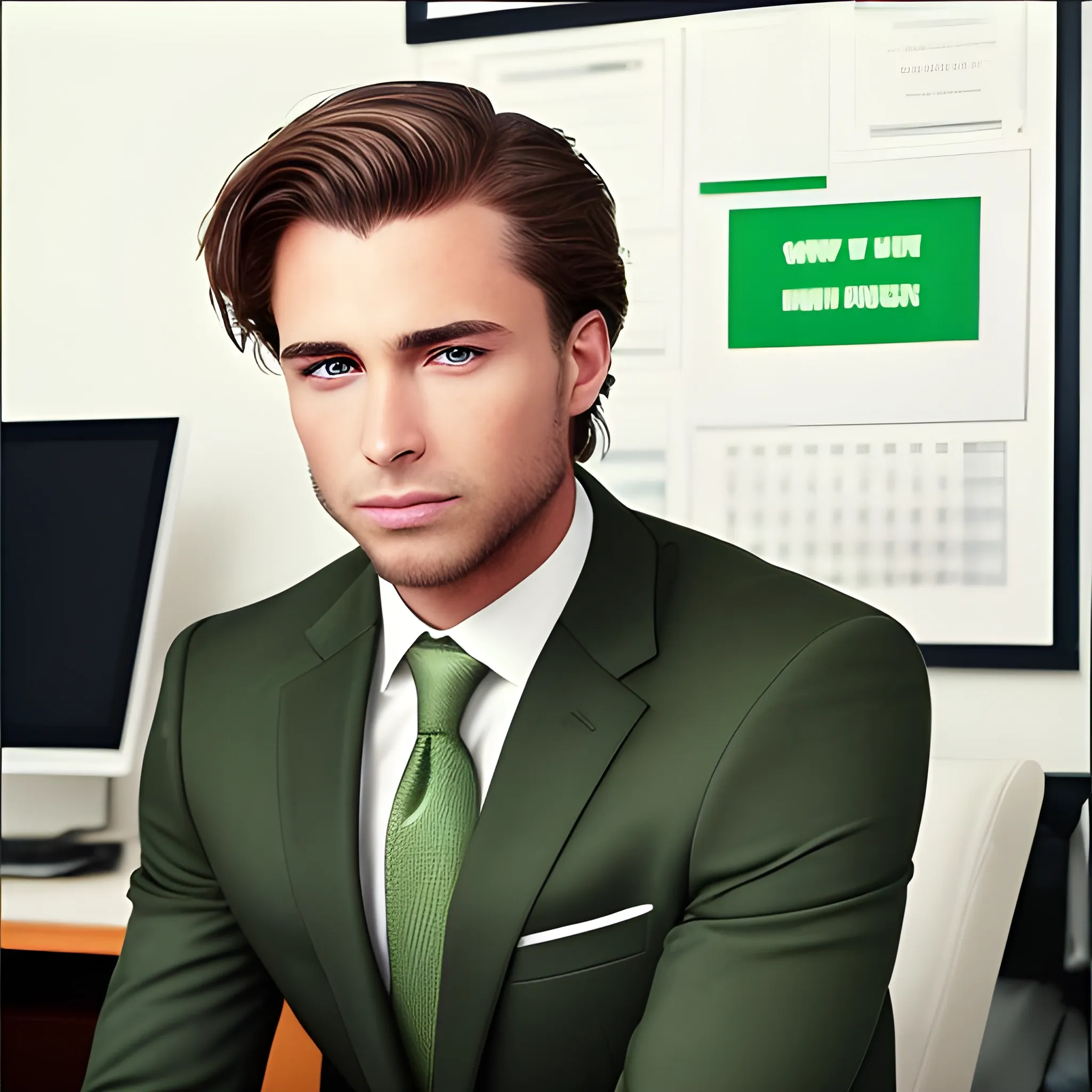 Brown well-groomed hair, green eyes, an expensive suit, a man is sitting in his expensive office.
"Brown well-groomed hair, green eyes, an expensive suit, a man is sitting in his expensive office.