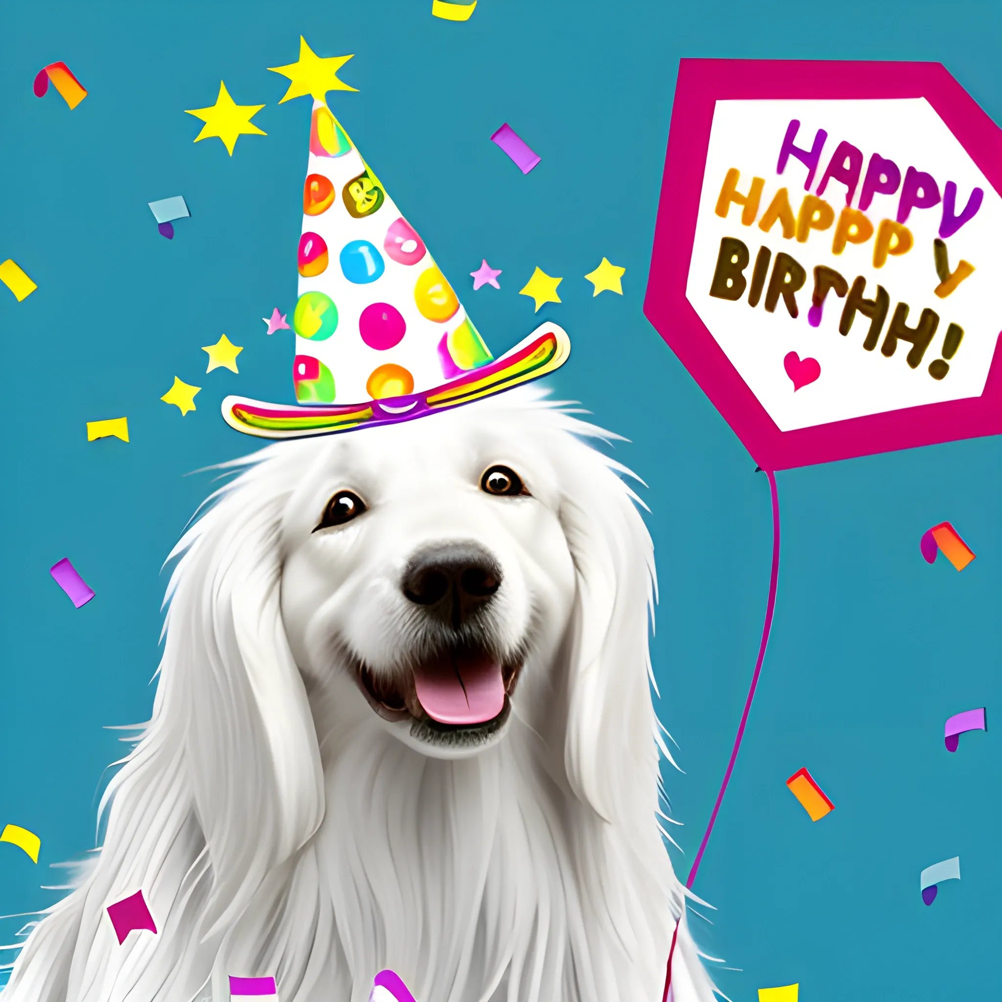 A white, long-haired dog wearing a three-cornered birthday hat, with the Happy Day message in the picture