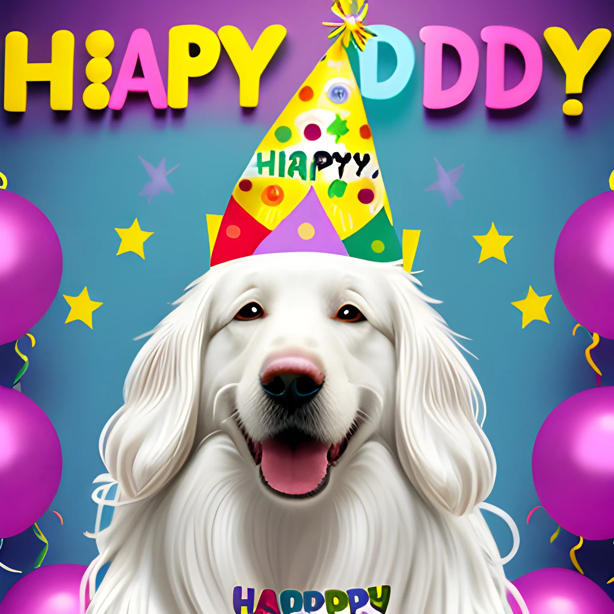 A white, long-haired dog wearing a three-cornered birthday hat, with the "Happy Days" message in the picture