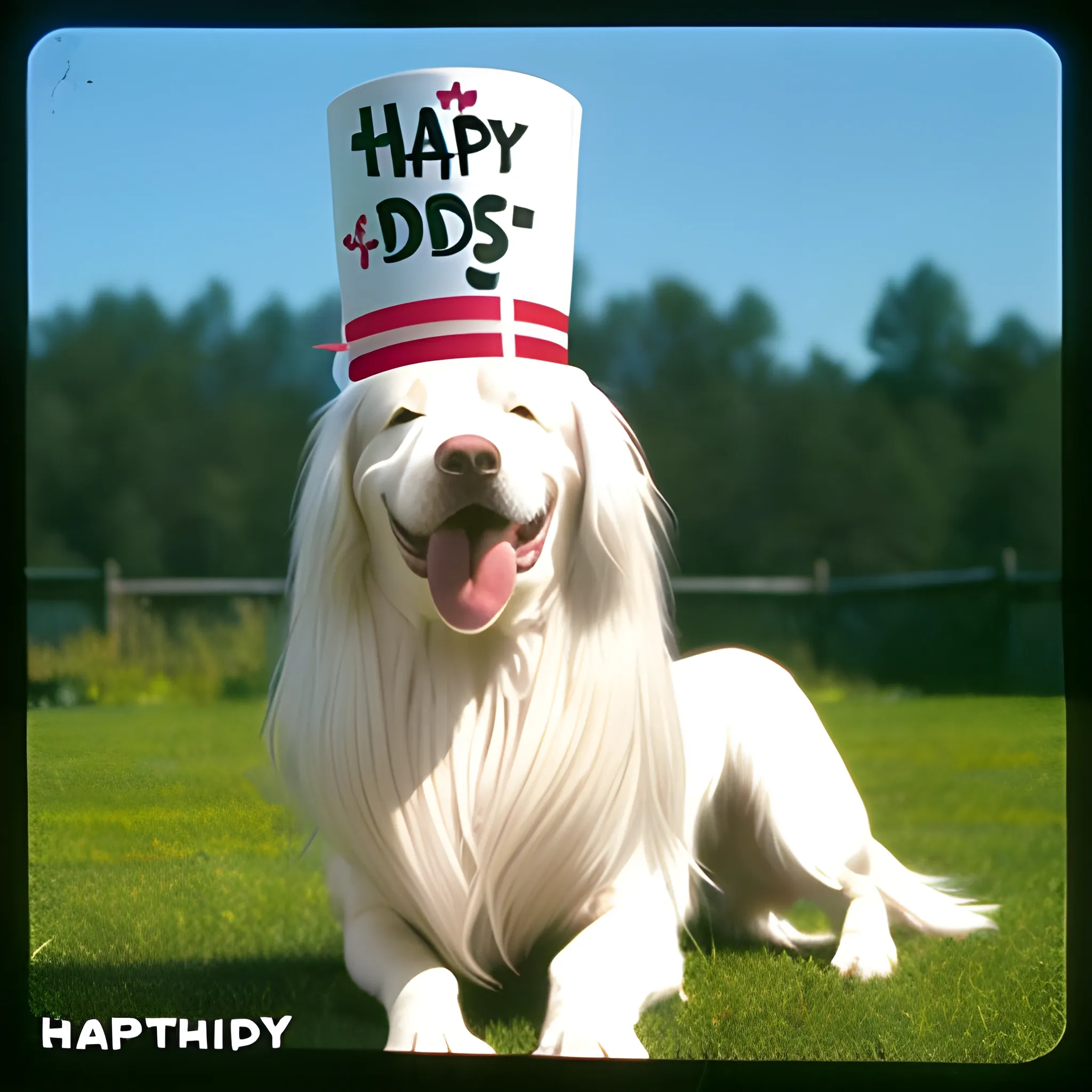 A white, long-haired dog wearing a three-cornered birthday hat, with the "Happy Days" message in the picture