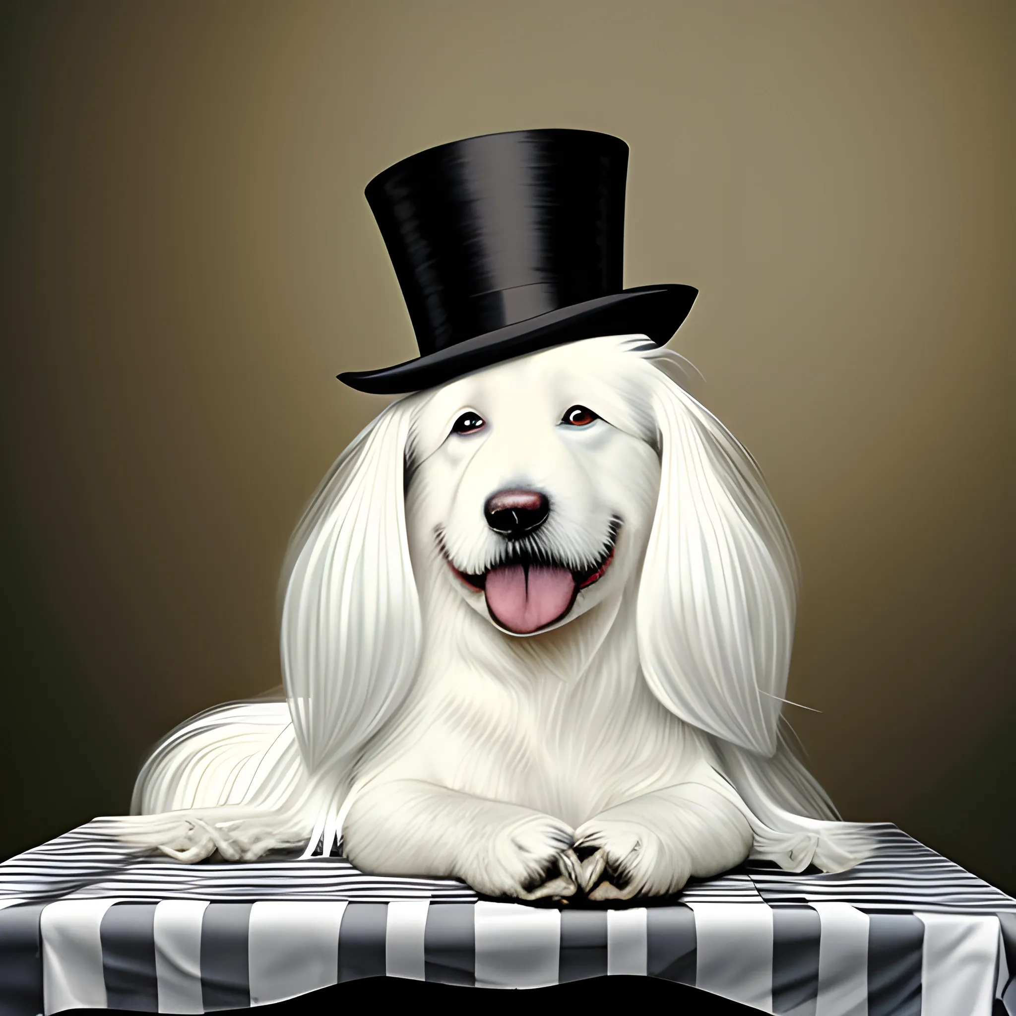 A white long-haired dog with a three-cornered top hat, head lying on the table, the dog has big black eyes, and the picture should bear the word "Happy Days"