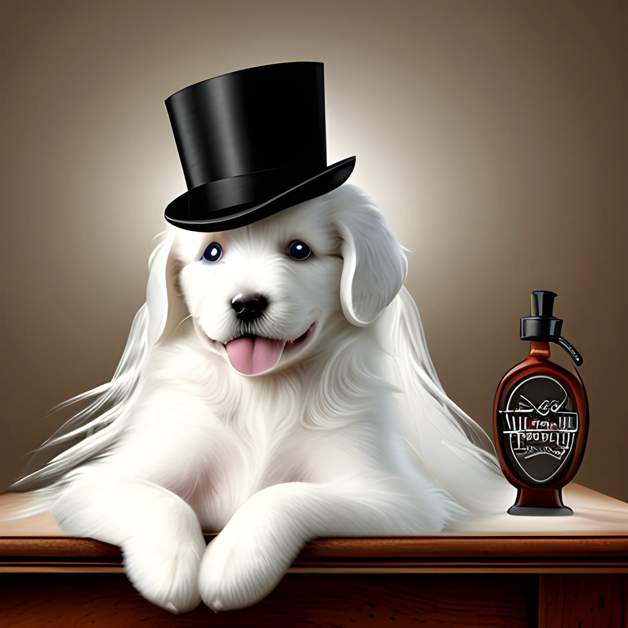 White long-haired puppy in a triangular top hat with its head lying on the table, the puppy has big black eyes, and the text 'Happy Days' in the picture