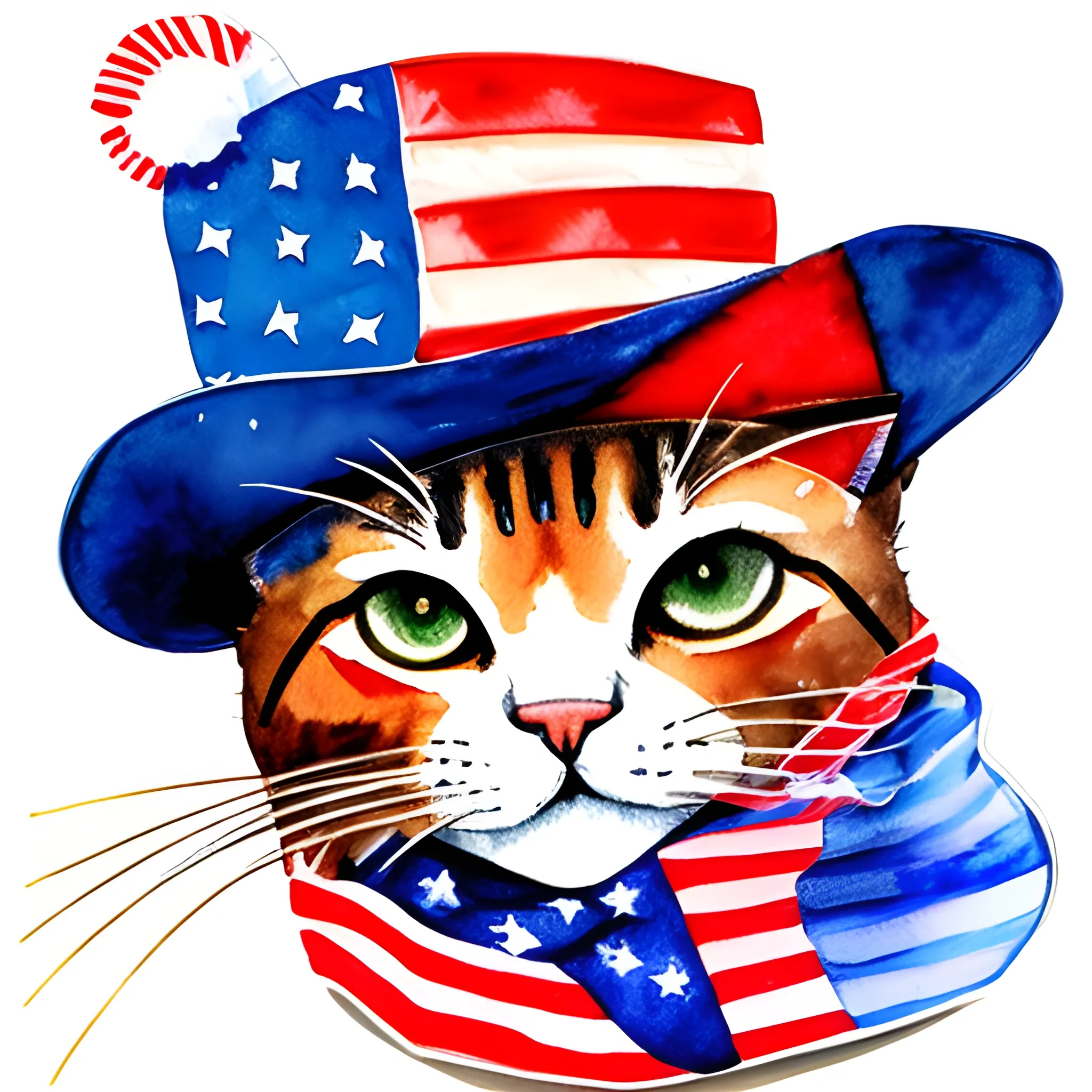 Cool cat, hat, on 4th of July, scarf, American flag, watercolor , clipart, die cut, STICKER, TSHIRT, Truth, Beauty, Goodness, Perfection, Pencil Sketch