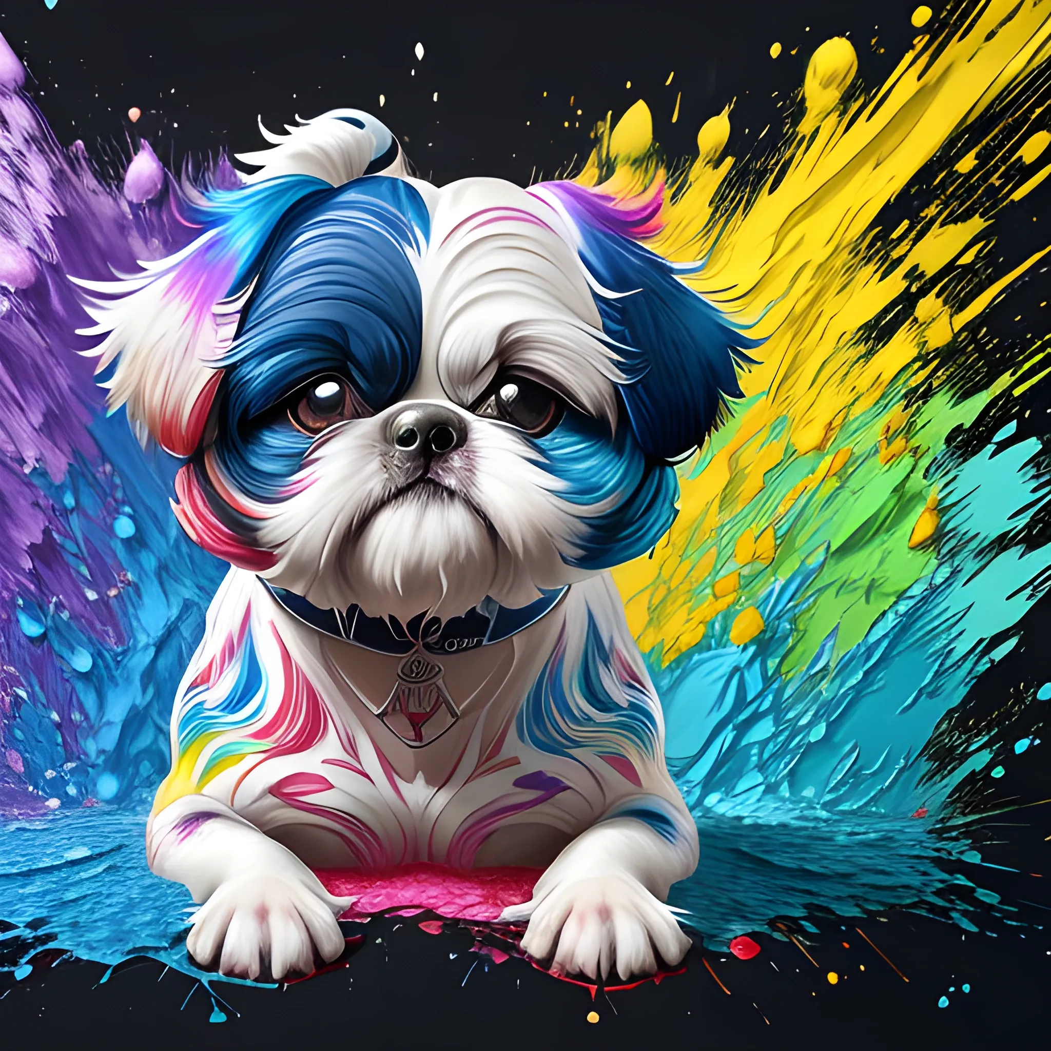 splash art, a liquid shihtzu made of colours, splash style of colourful paint, hyperdetailed intricately detailed, fantastical, intricate detail, splash screen, complementary colours, fantasy, concept art, 8k resolution, 3D