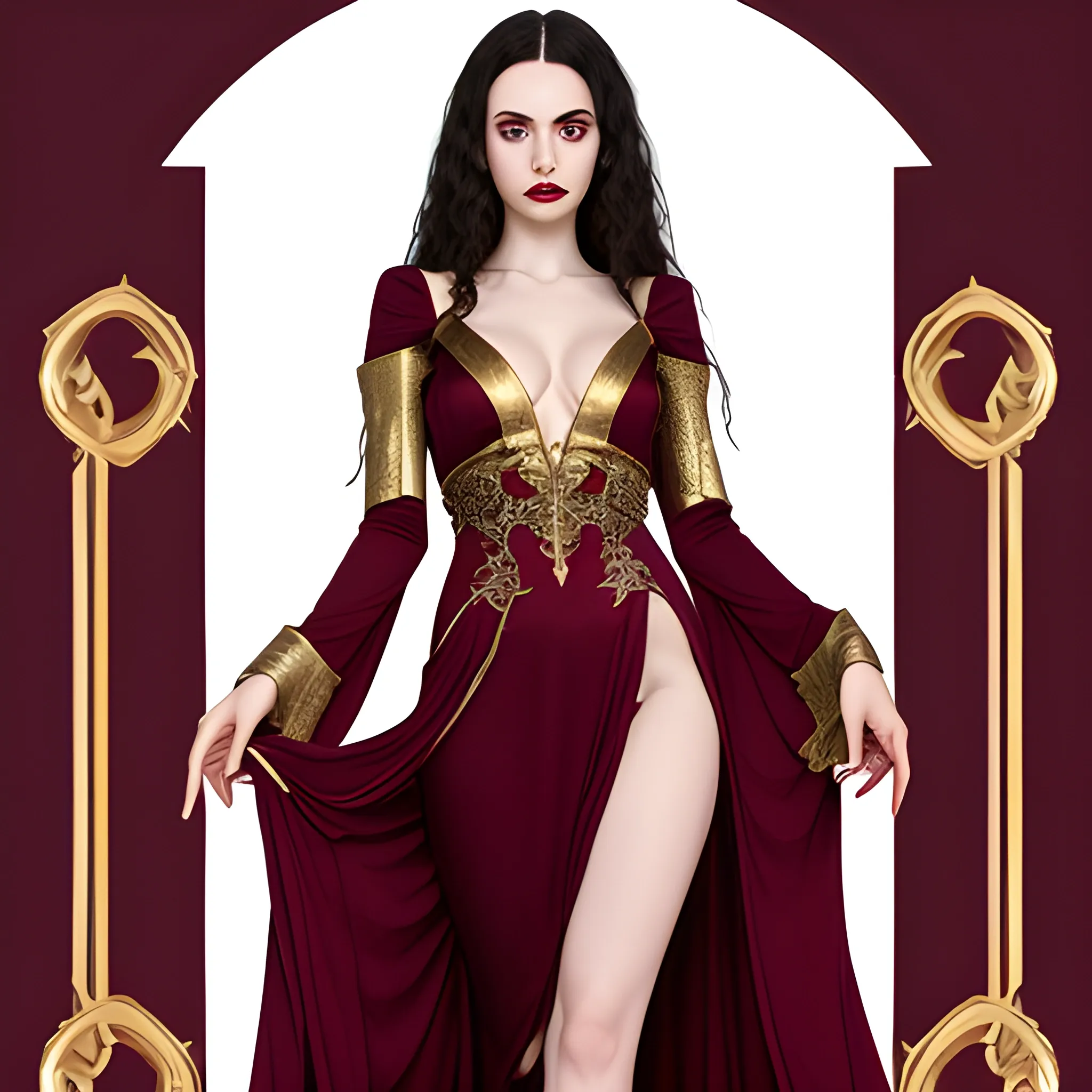 fantasy, evil sorceress, sexy skimpy long sleeved low cut maroon dress with gold accents and high side slits, curly long dark hair, pale skin
