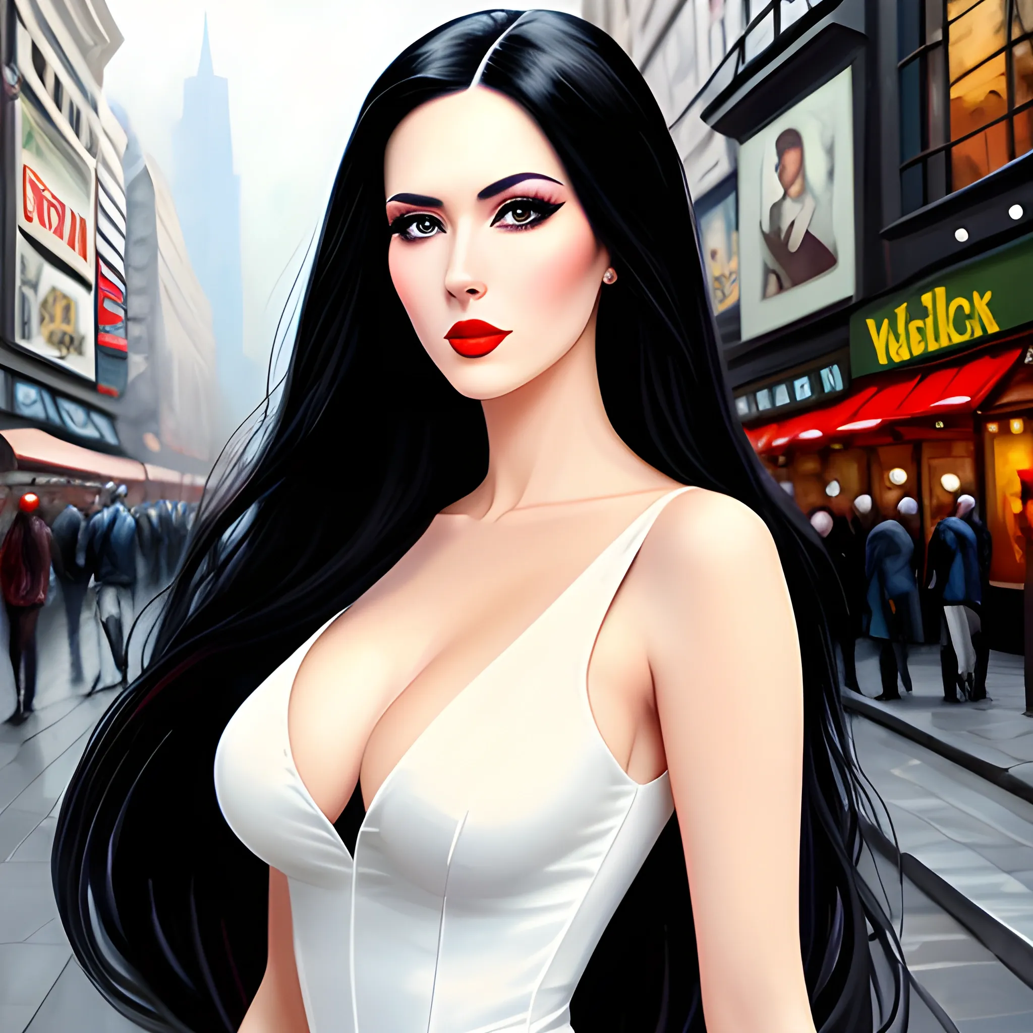 beautiful girl :: 25 years old ::long black hair ::white dress with black polka dots ::white shoes::art pin-up ::style-- 50::-- quality-- 1,7:: (((8K))) ::overdetalization :: super realistic::expressive eyes:: masterpiece;; clear focus::city street background::, , Oil Painting