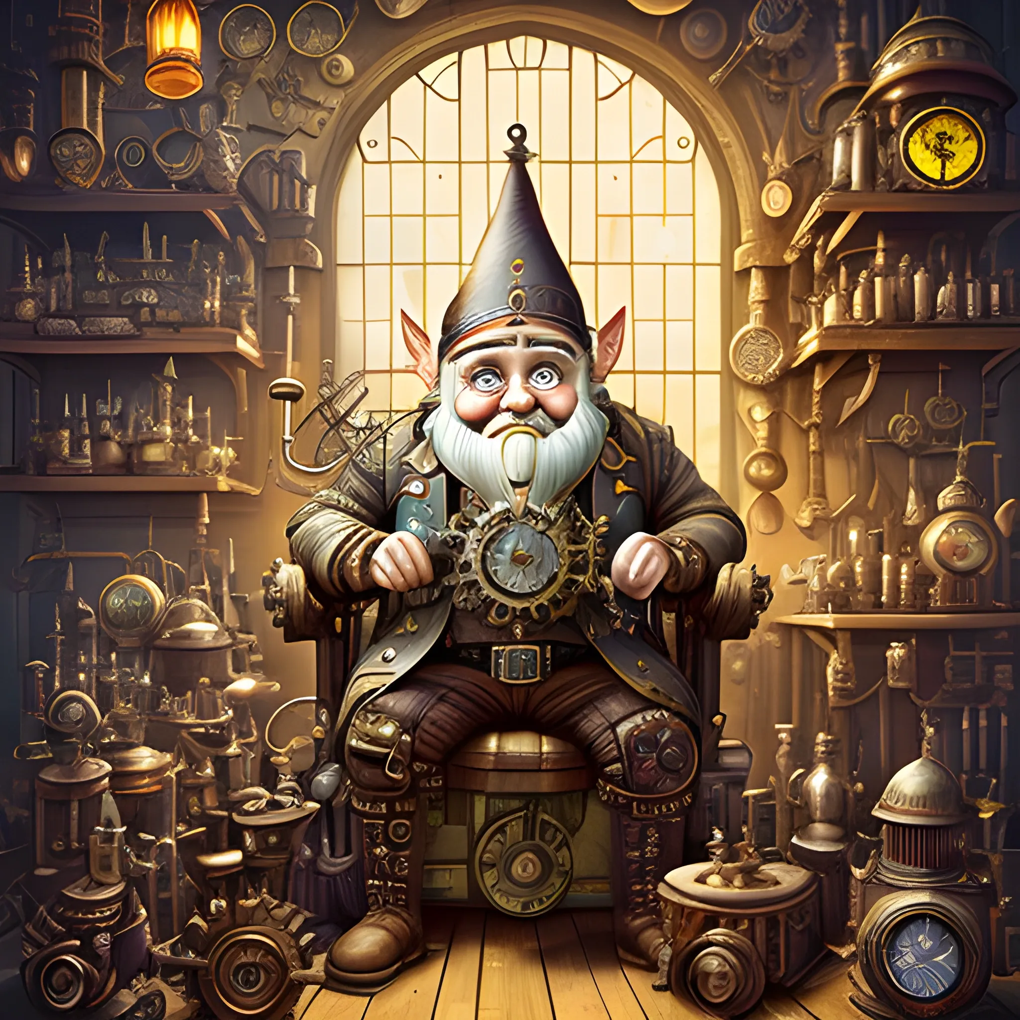 A steampunk-inspired digital illustration of a gnome inventor in a cluttered workshop, surrounded by intricate machinery and gears. The camera angle is a medium shot, capturing the gnome's enthusiastic expression as he tinkers with a fantastical contraption. The lighting is warm and atmospheric, with rays of sunlight streaming through stained glass windows, casting vibrant colors and ((shadows)) across the room. The style combines elements of steampunk and clock-punk, resembling the works of Jules Verne and H.R. Giger. The image is detailed and intricate, showcasing the gnome's ingenious inventions and the mesmerizing complexity of the steampunk world. It is a visually stunning artwork that captures the imagination., 3D
