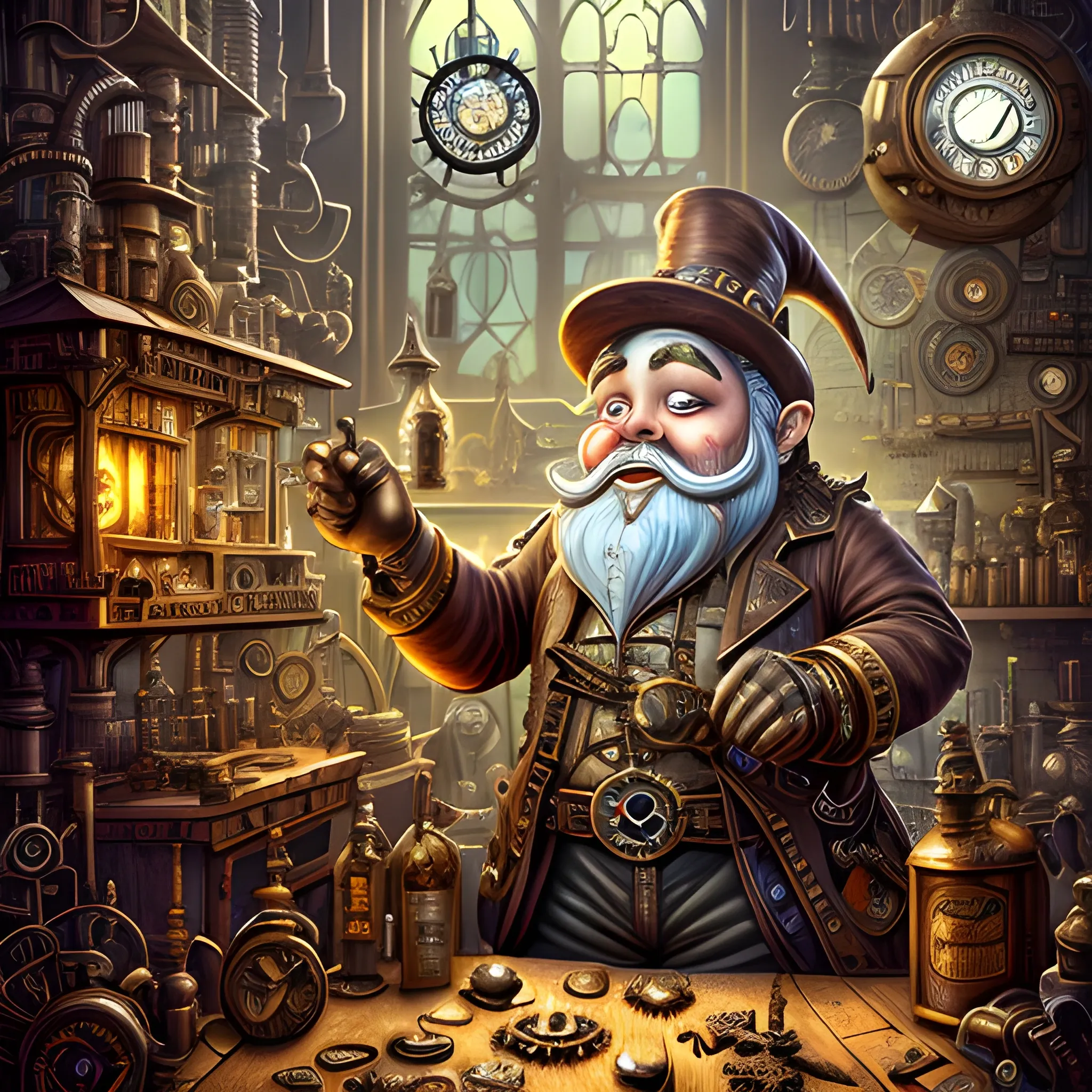 A steampunk-inspired digital illustration of a gnome inventor in a cluttered workshop, surrounded by intricate machinery and gears. The camera angle is a medium shot, capturing the gnome's enthusiastic expression as he tinkers with a fantastical contraption. The lighting is warm and atmospheric, with rays of sunlight streaming through stained glass windows, casting vibrant colors and ((shadows)) across the room. The style combines elements of steampunk and clock-punk, resembling the works of Jules Verne and H.R. Giger. The image is detailed and intricate, showcasing the gnome's ingenious inventions and the mesmerizing complexity of the steampunk world. It is a visually stunning artwork that captures the imagination., 
