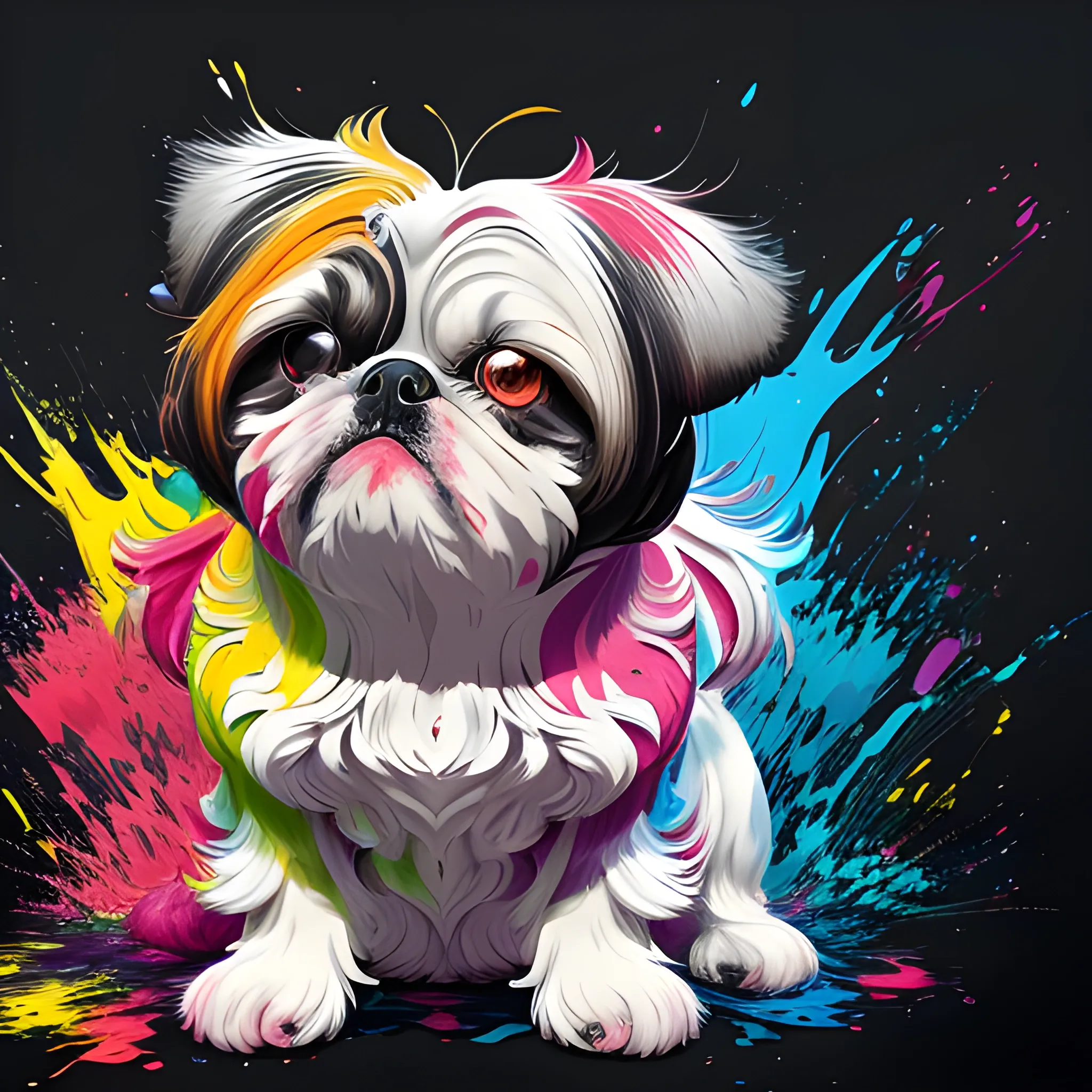 splash art, a colorful liquid shihtzu with long ears, splash style of colourful paint, hyperdetailed intricately detailed, fantastical, intricate detail, splash screen, complementary colours, fantasy, concept art, 8k resolution