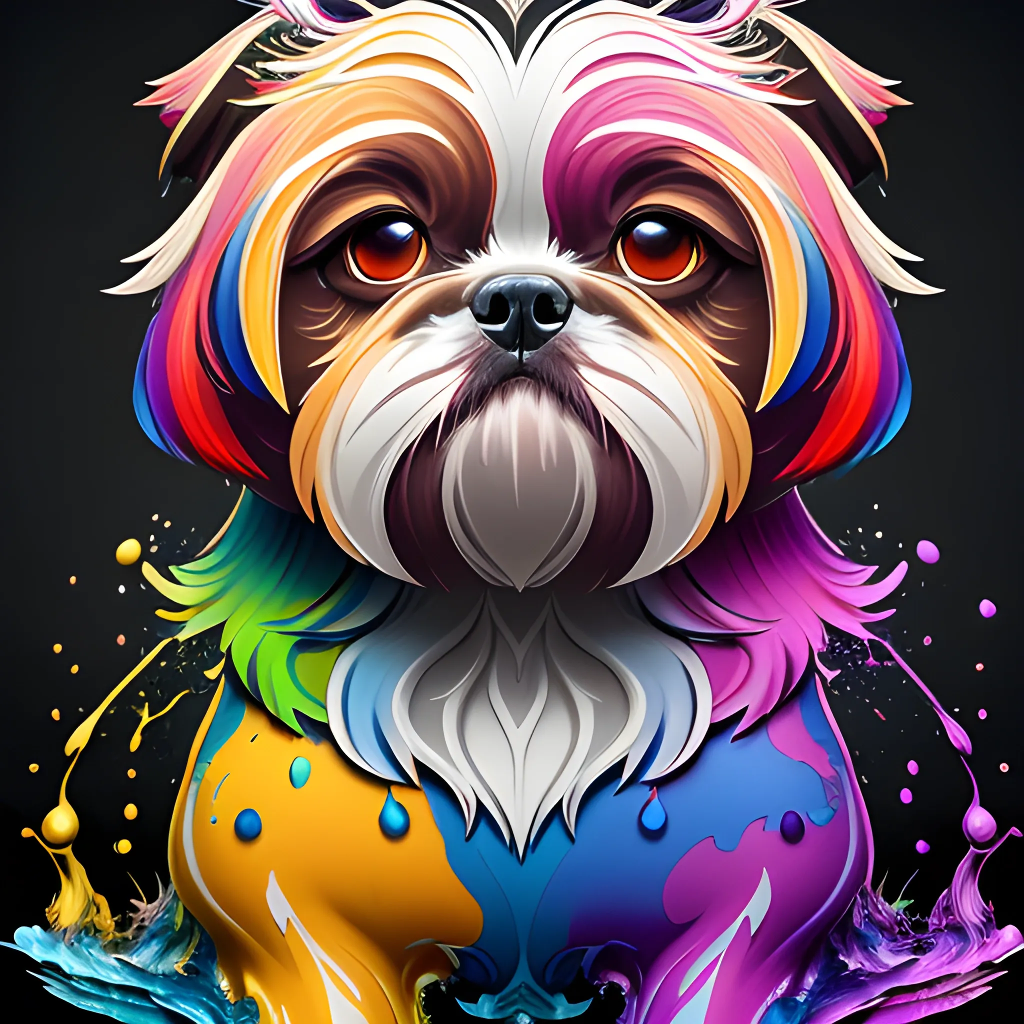 splash art, a colorful liquid shihtzu with long hair, splash style of colourful paint, hyperdetailed intricately detailed, fantastical, intricate detail, splash screen, complementary colours, fantasy, concept art, 8k resolution