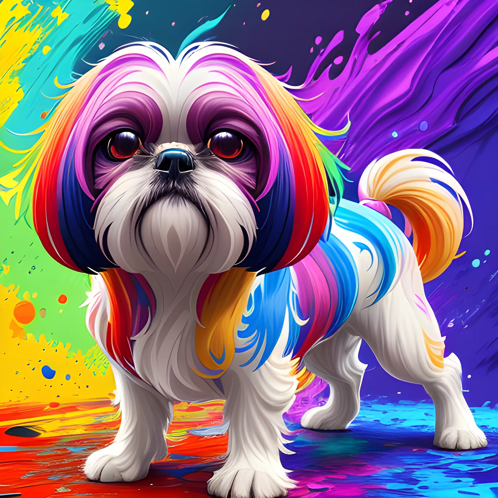 splash art, a colorful liquid shihtzu with long hair, splash style of colourful paint, hyperdetailed intricately detailed, fantastical, intricate detail, splash screen, complementary colours, fantasy, concept art, 8k resolution