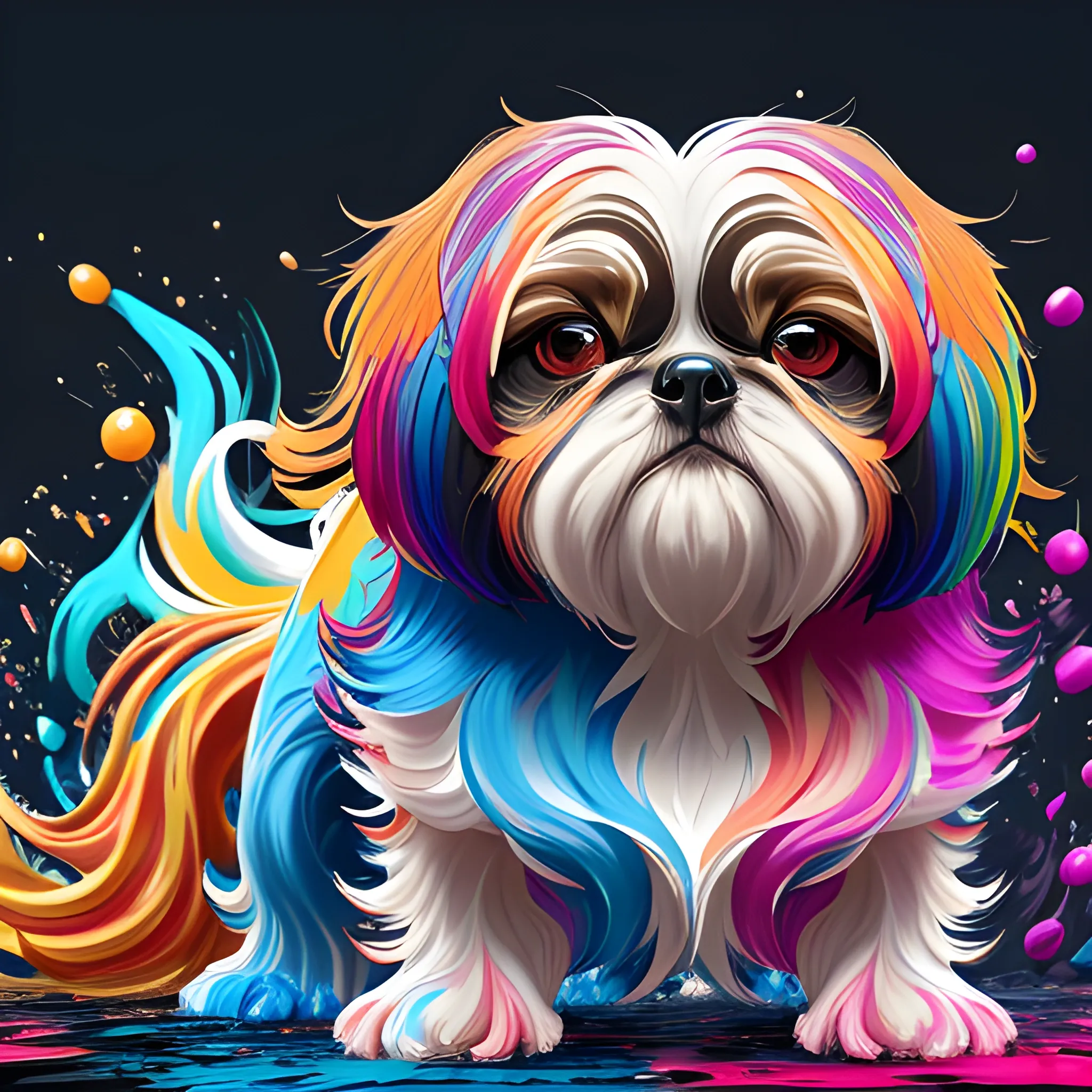 splash art, a colorful liquid shihtzu with long hair, splash style of colourful paint, hyperdetailed intricately detailed, fantastical, intricate detail, splash screen, complementary colours, fantasy, concept art, 8k resolution